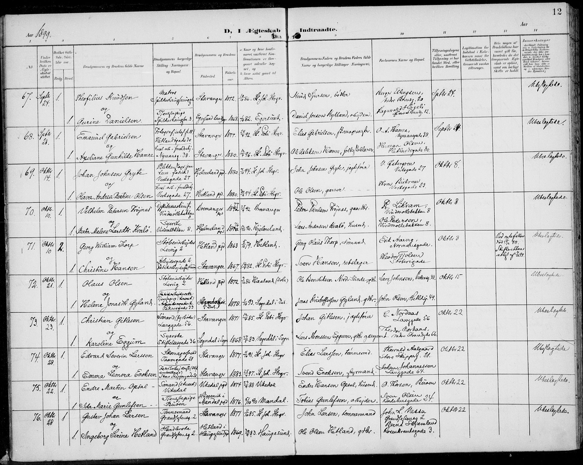 St. Johannes sokneprestkontor, AV/SAST-A-101814/002/B/L0001: Parish register (official) no. A 8, 1899-1917, p. 12