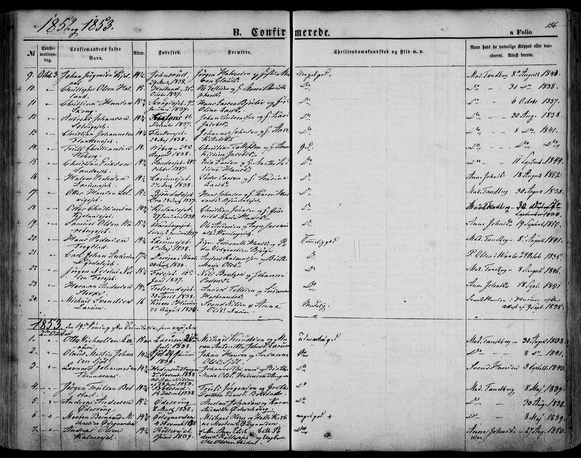 Sande Kirkebøker, SAKO/A-53/F/Fa/L0004: Parish register (official) no. 4, 1847-1864, p. 156