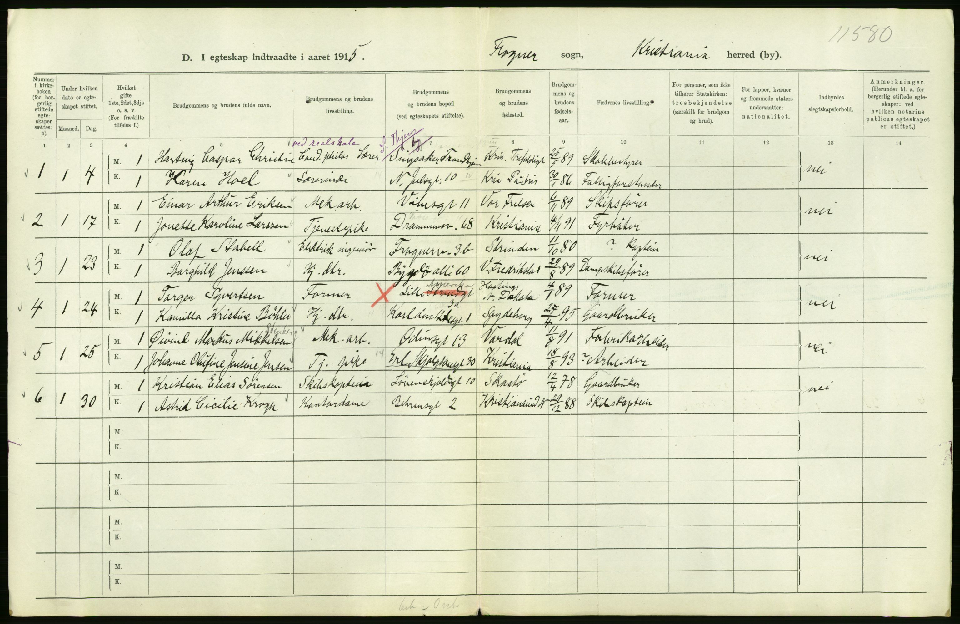 Statistisk sentralbyrå, Sosiodemografiske emner, Befolkning, RA/S-2228/D/Df/Dfb/Dfbe/L0008: Kristiania: Gifte., 1915, p. 286