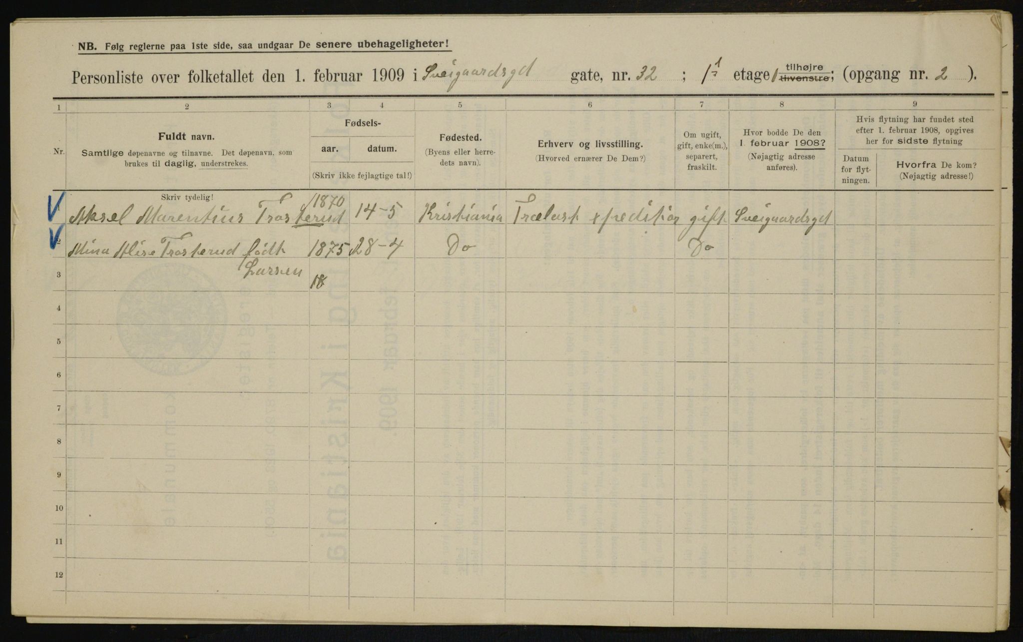 OBA, Municipal Census 1909 for Kristiania, 1909, p. 82535