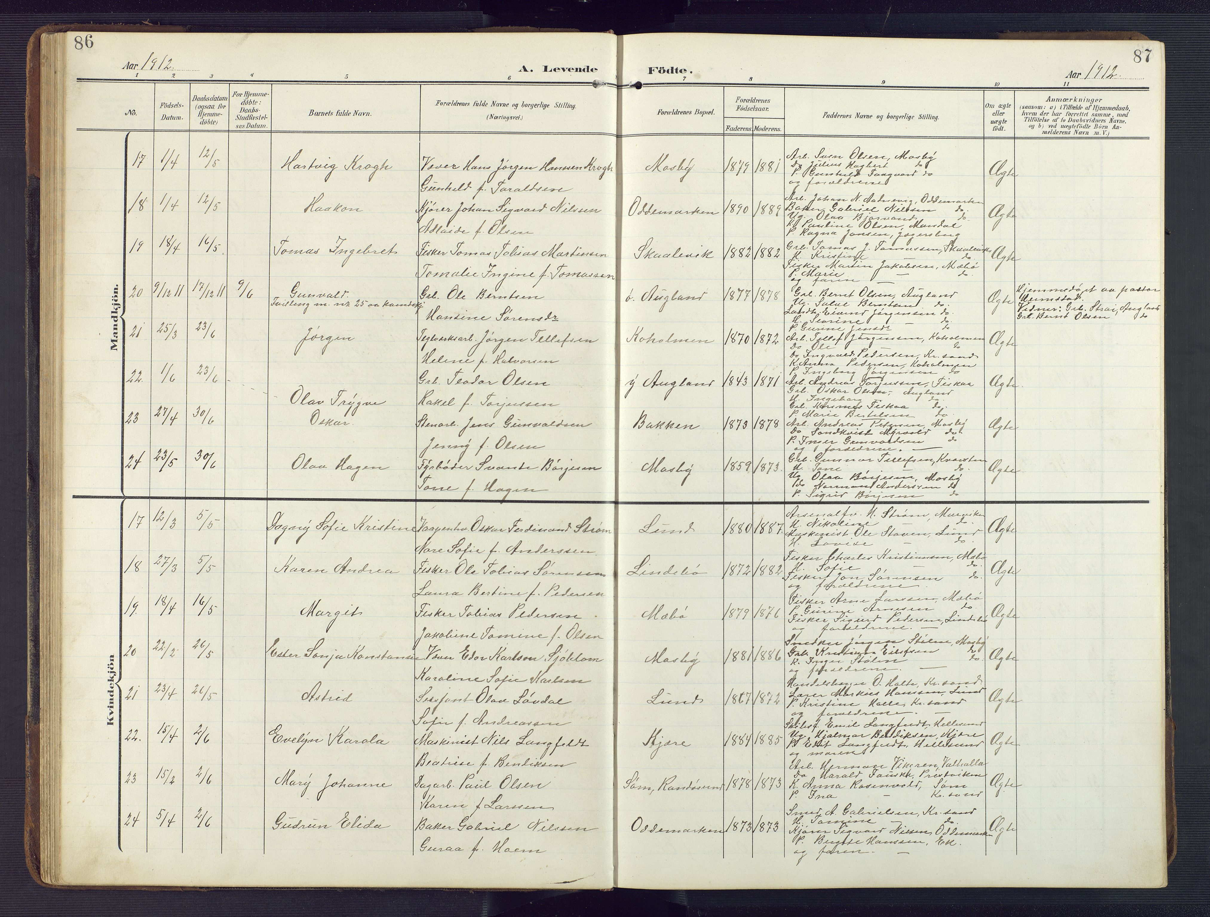 Oddernes sokneprestkontor, AV/SAK-1111-0033/F/Fb/Fba/L0010: Parish register (copy) no. B 10, 1907-1941, p. 86-87