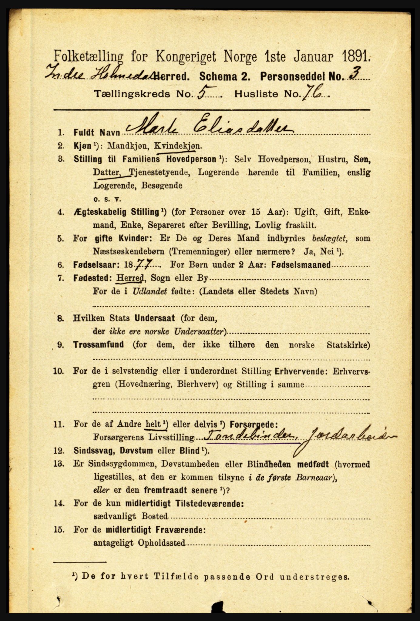 RA, 1891 census for 1430 Indre Holmedal, 1891, p. 2387