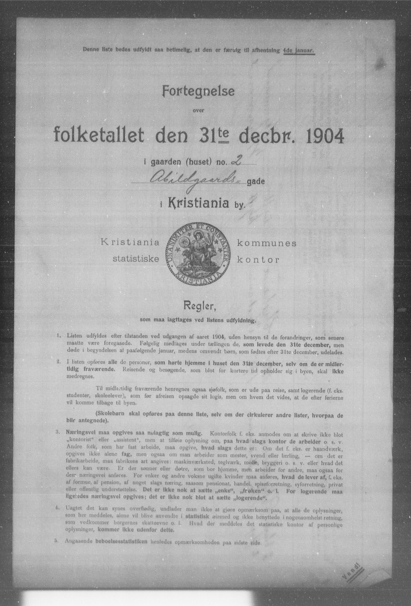 OBA, Municipal Census 1904 for Kristiania, 1904, p. 2
