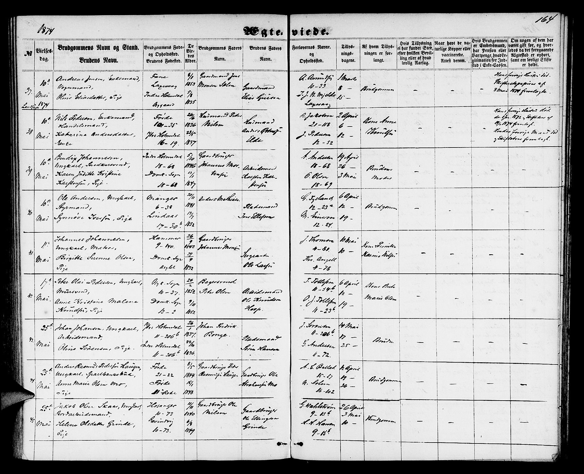 Domkirken sokneprestembete, AV/SAB-A-74801/H/Hab/L0030: Parish register (copy) no. D 2, 1857-1876, p. 164