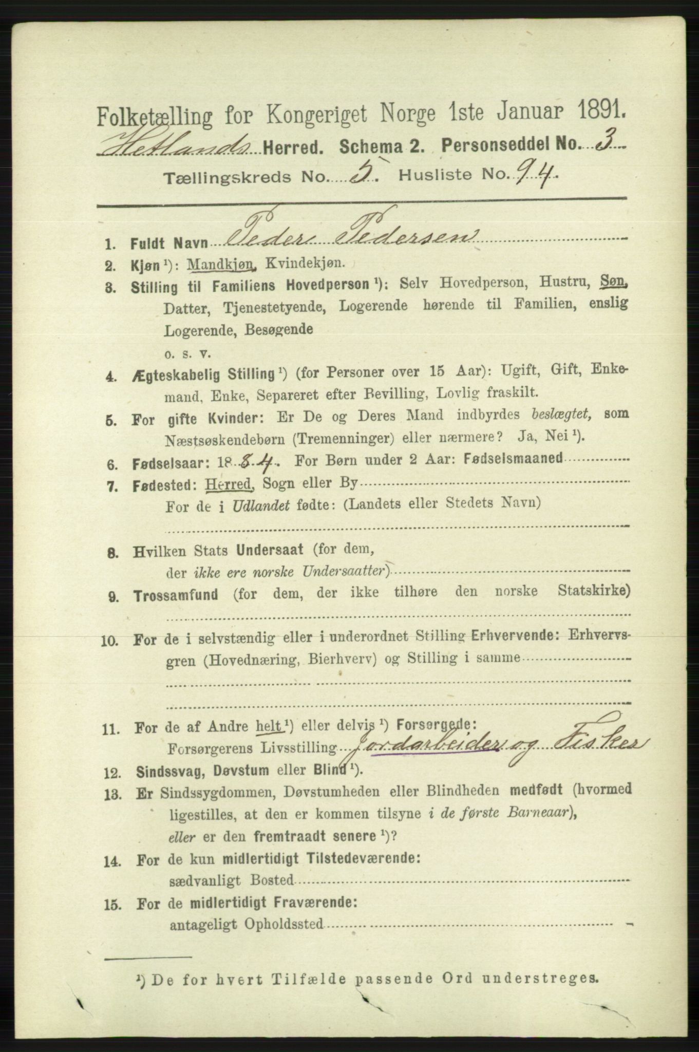 RA, 1891 census for 1126 Hetland, 1891, p. 3343