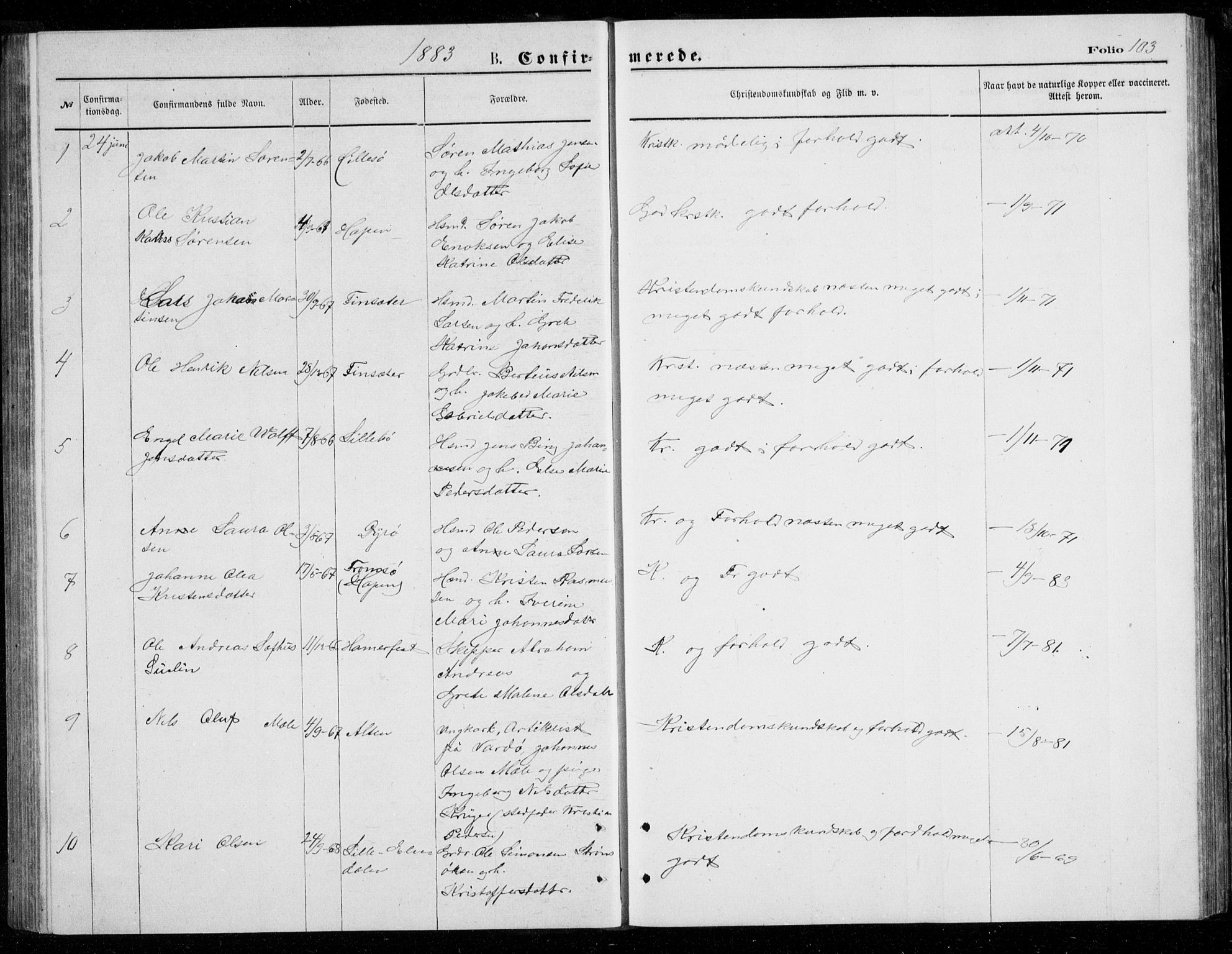 Berg sokneprestkontor, AV/SATØ-S-1318/G/Ga/Gab/L0003klokker: Parish register (copy) no. 3, 1874-1886, p. 103