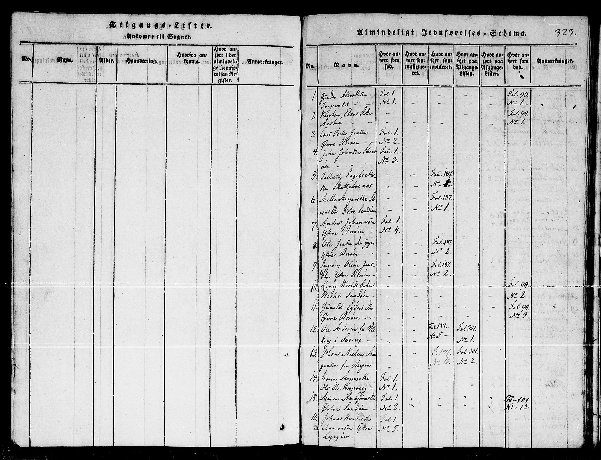 Dypvåg sokneprestkontor, SAK/1111-0007/F/Fb/Fba/L0009: Parish register (copy) no. B 9, 1816-1842, p. 323