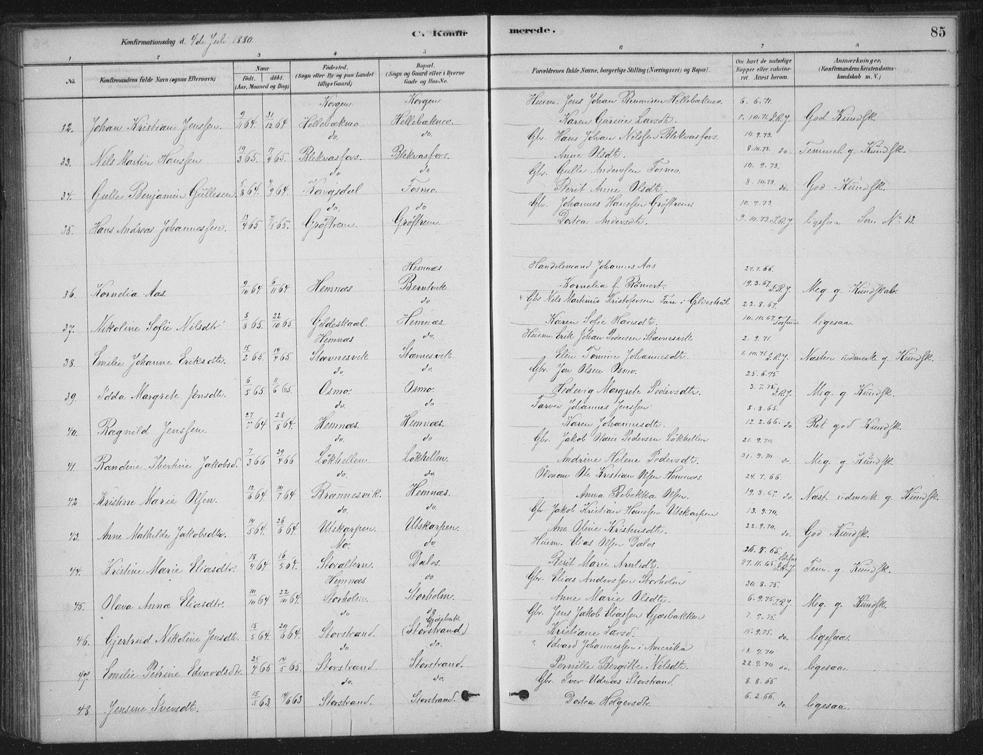 Ministerialprotokoller, klokkerbøker og fødselsregistre - Nordland, AV/SAT-A-1459/825/L0361: Parish register (official) no. 825A15, 1878-1893, p. 85