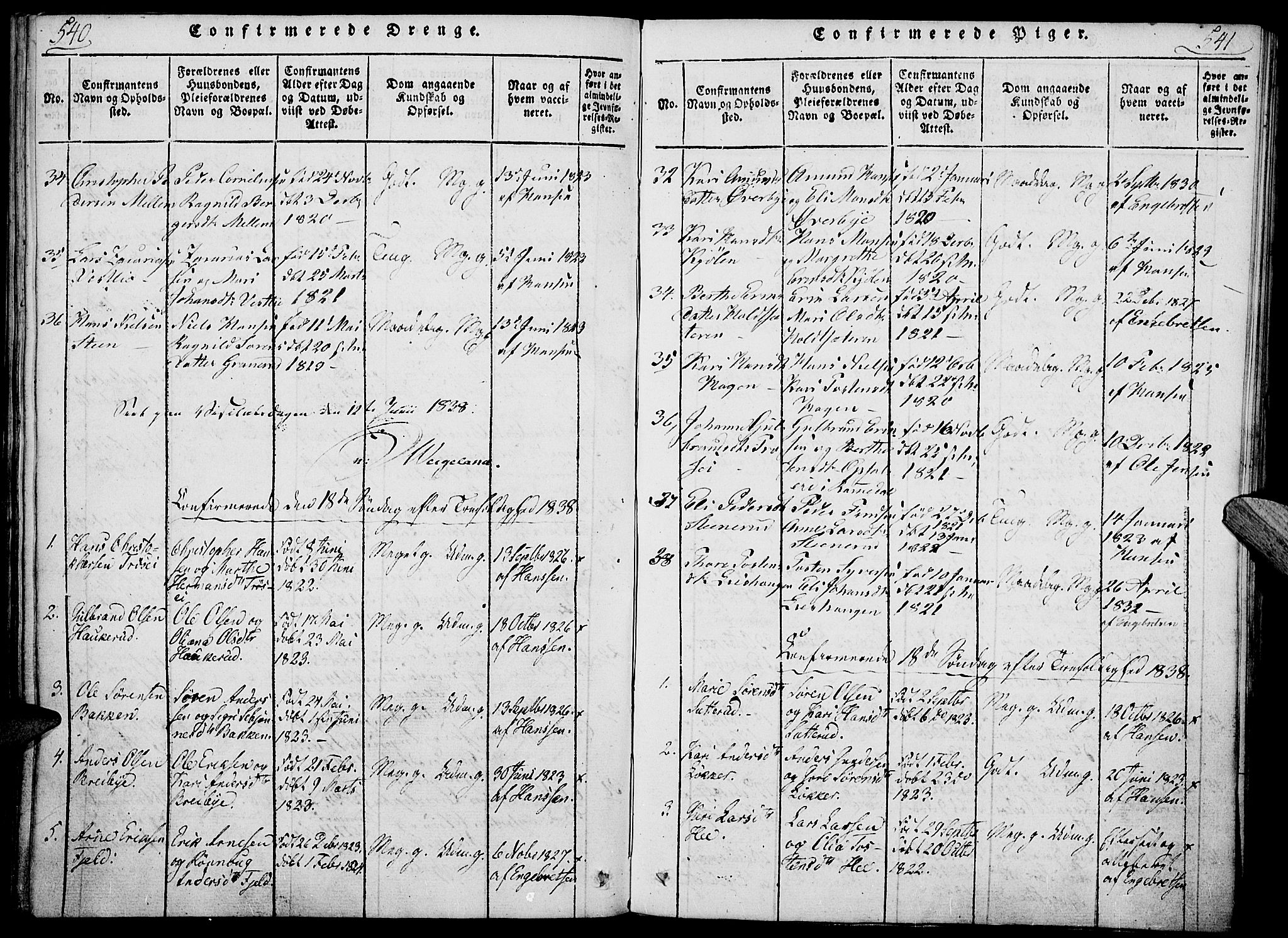 Nord-Odal prestekontor, AV/SAH-PREST-032/H/Ha/Haa/L0001: Parish register (official) no. 1, 1819-1838, p. 540-541