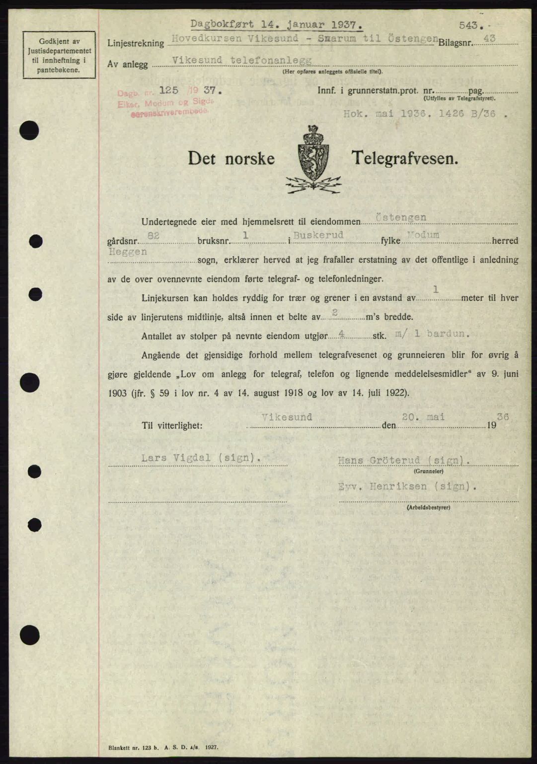 Eiker, Modum og Sigdal sorenskriveri, SAKO/A-123/G/Ga/Gab/L0034: Mortgage book no. A4, 1936-1937, Diary no: : 125/1937