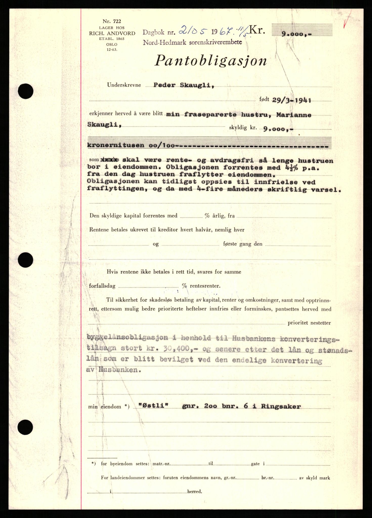 Nord-Hedmark sorenskriveri, SAH/TING-012/H/Hb/Hbf/L0071: Mortgage book no. B71, 1967-1967, Diary no: : 2105/1967