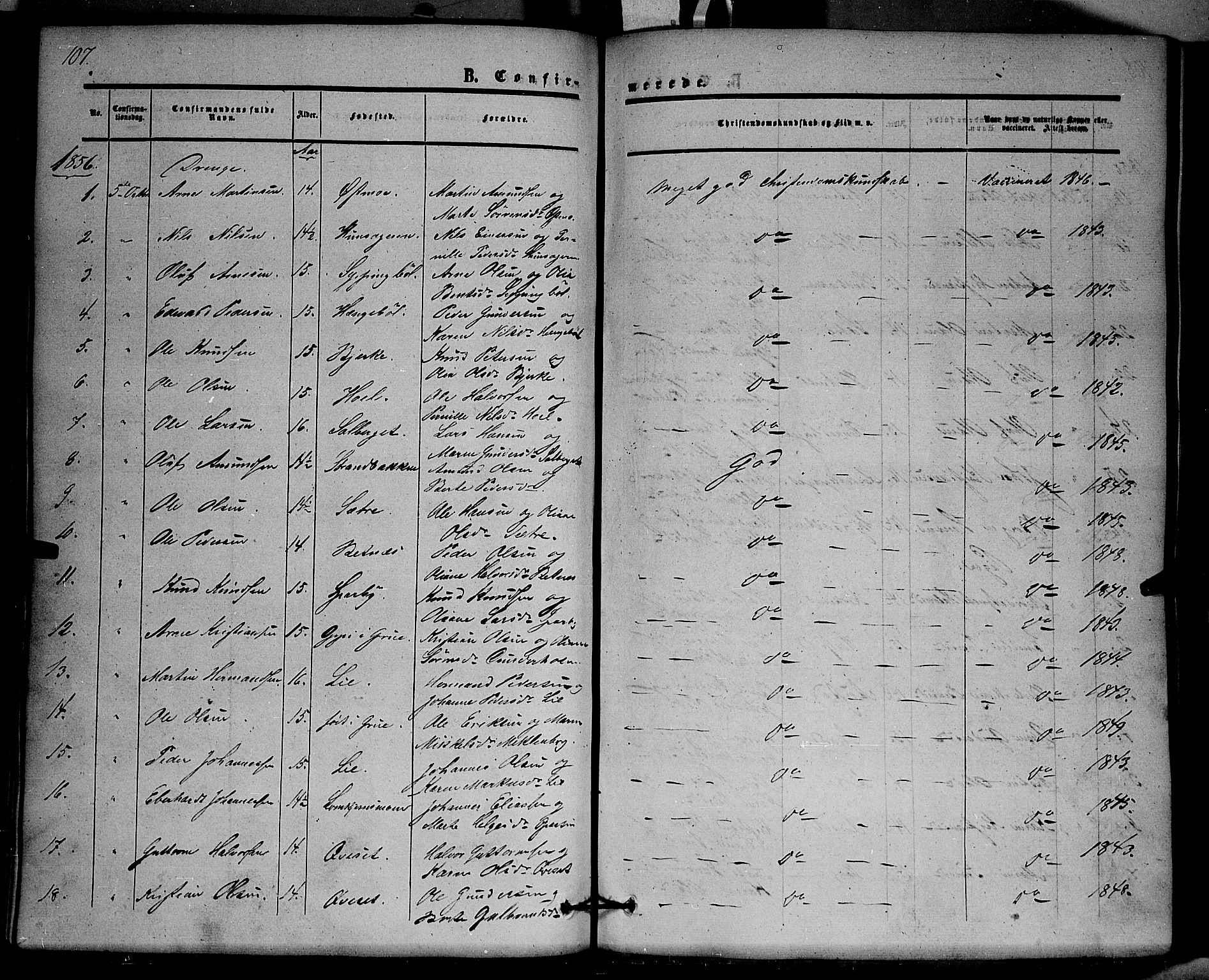Hof prestekontor, SAH/PREST-038/H/Ha/Haa/L0008: Parish register (official) no. 8, 1849-1861, p. 107
