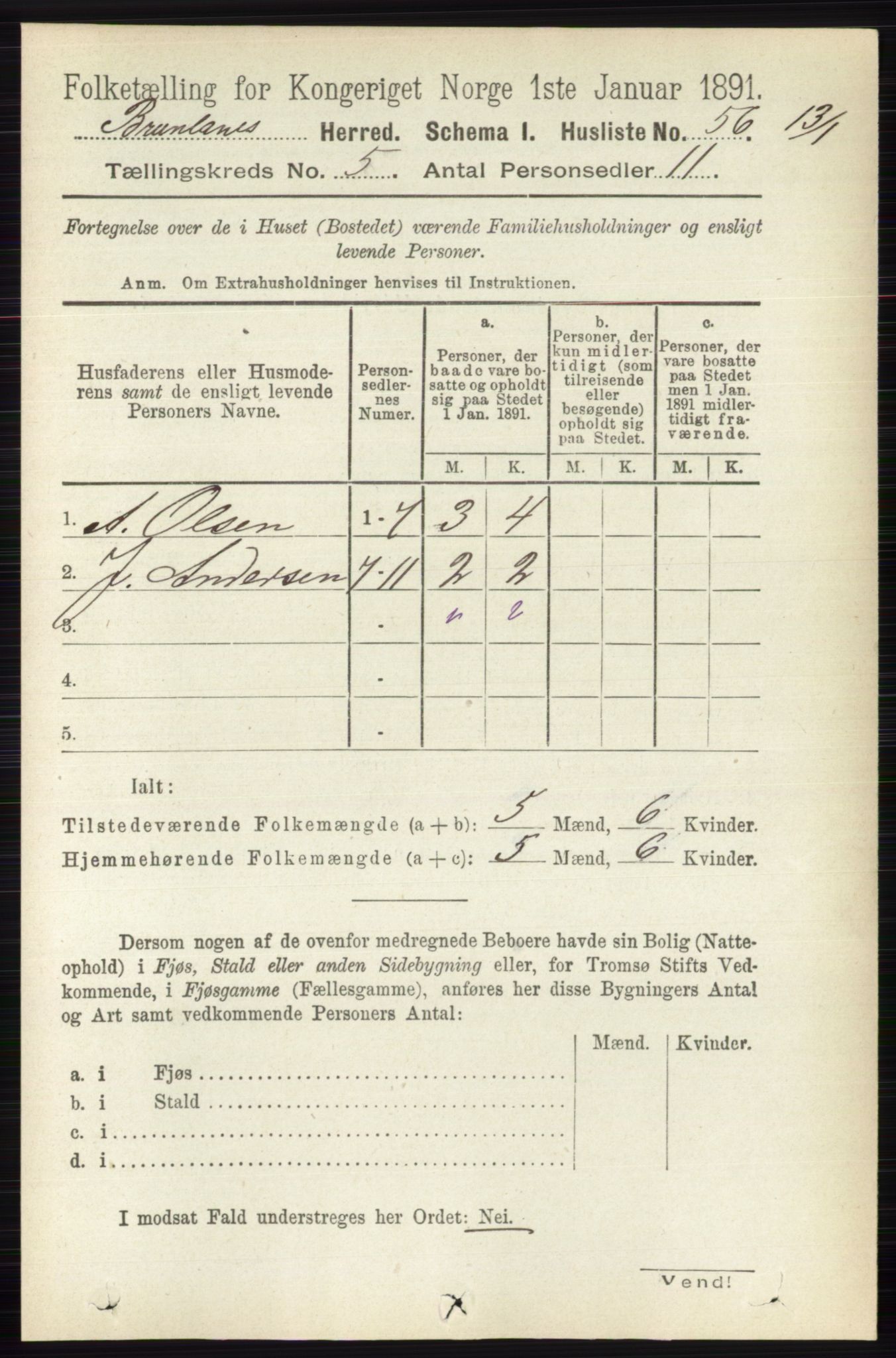 RA, 1891 census for 0726 Brunlanes, 1891, p. 2225