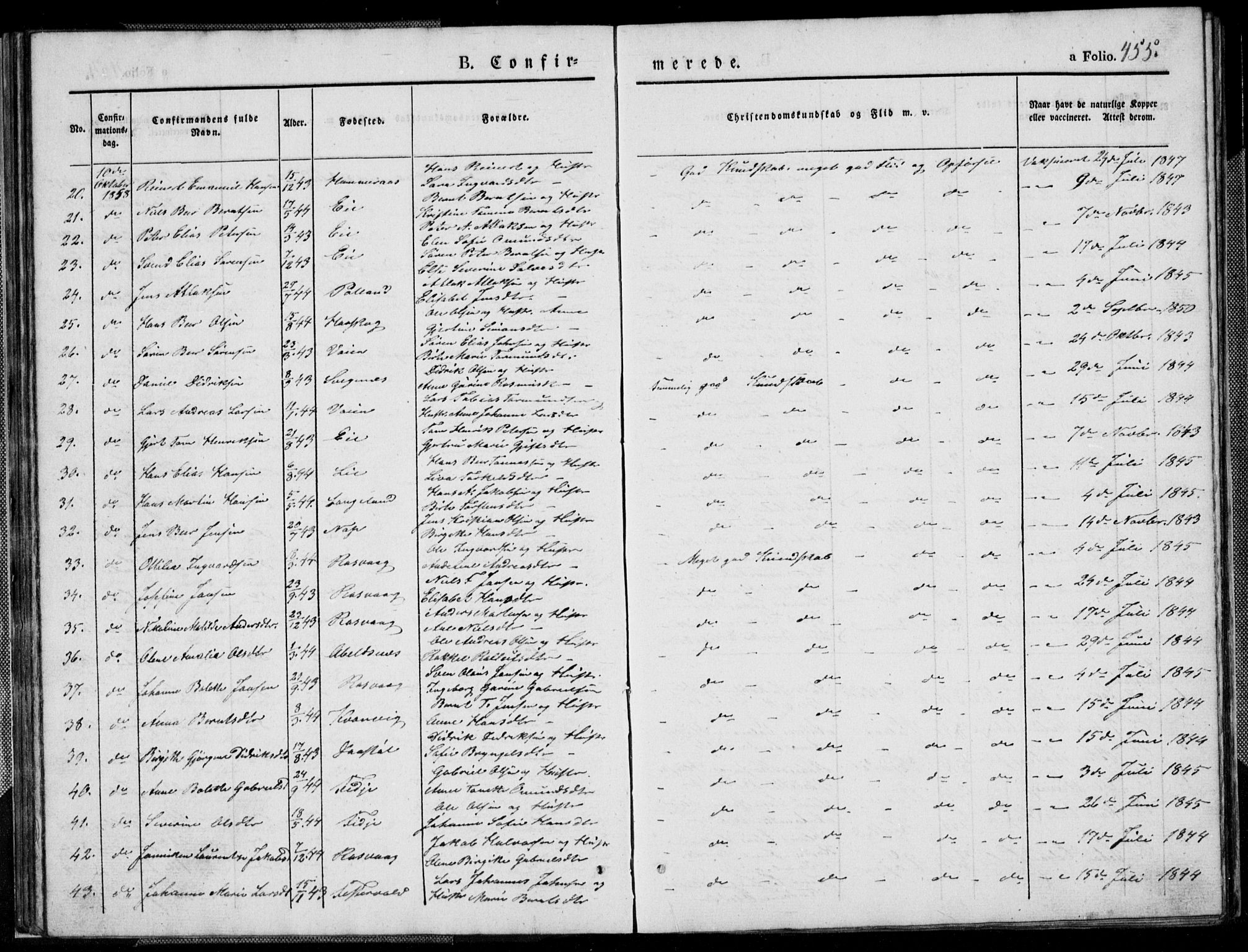 Flekkefjord sokneprestkontor, SAK/1111-0012/F/Fb/Fbb/L0002: Parish register (copy) no. B 2b, 1831-1866, p. 455