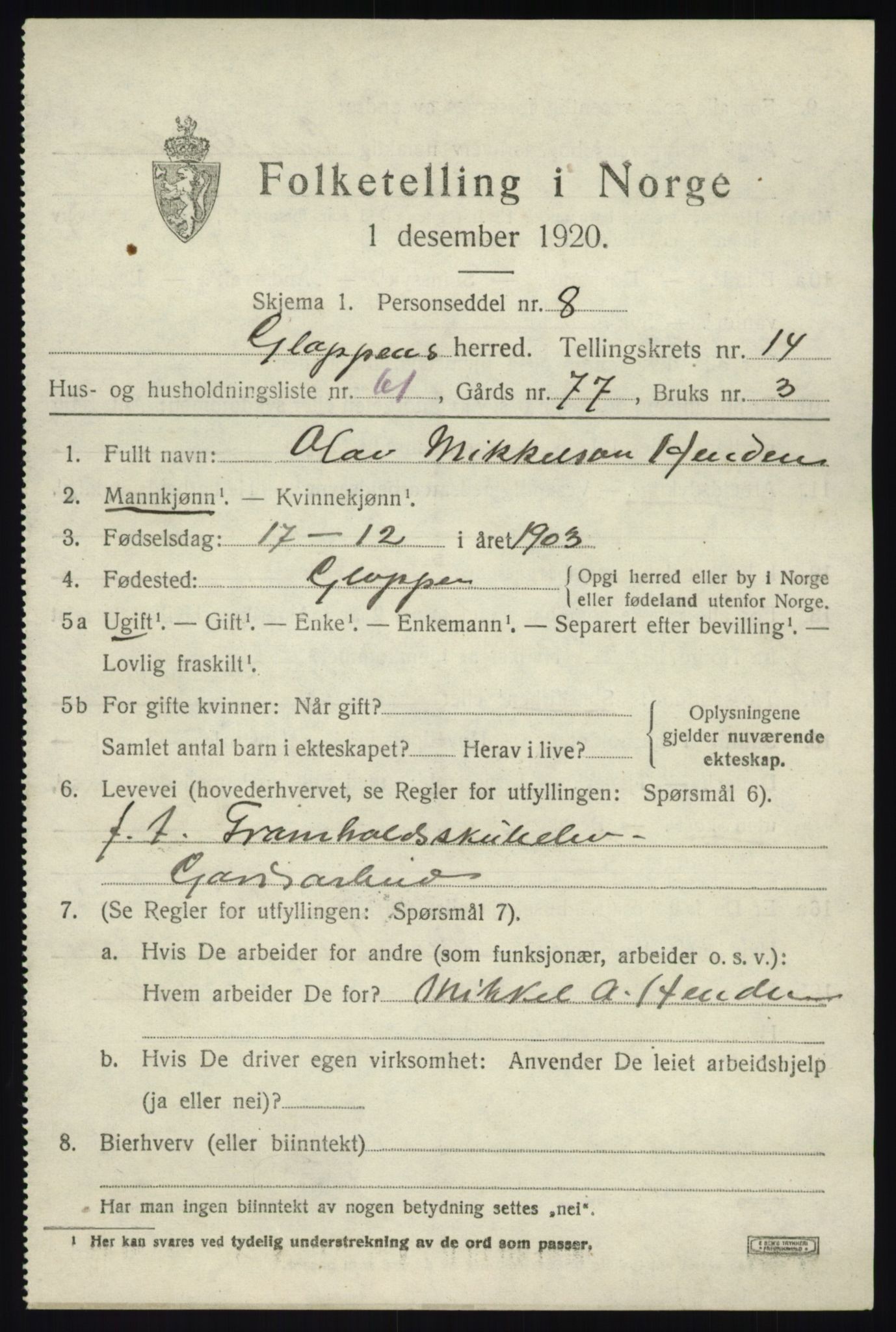 SAB, 1920 census for Gloppen, 1920, p. 7654