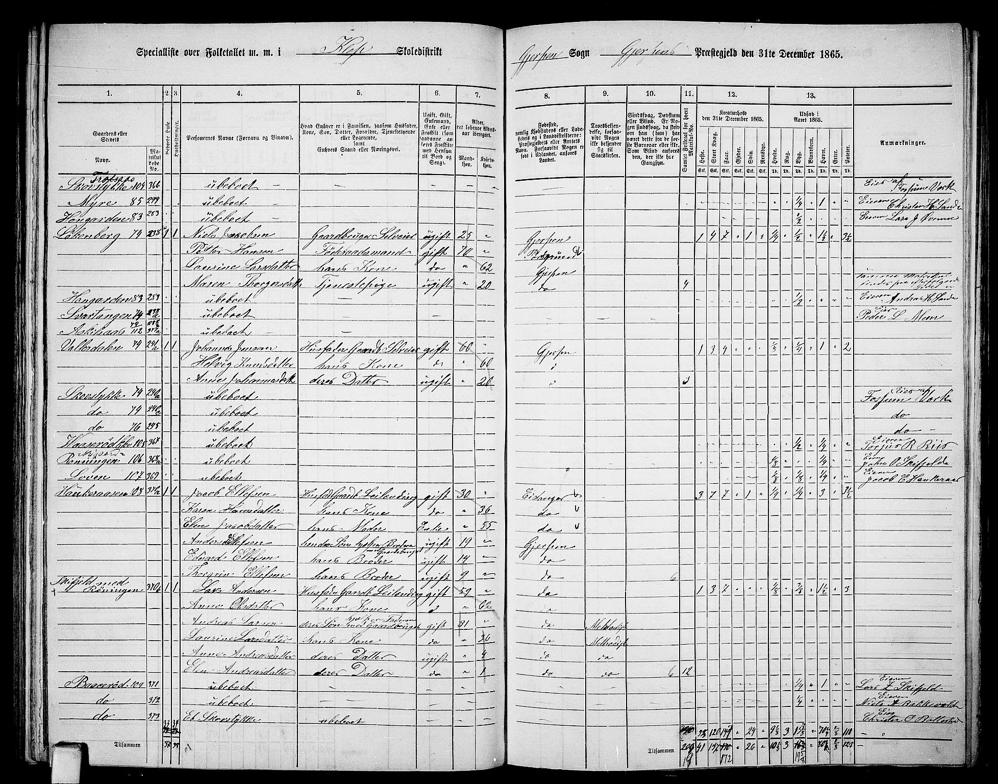 RA, 1865 census for Gjerpen, 1865, p. 170