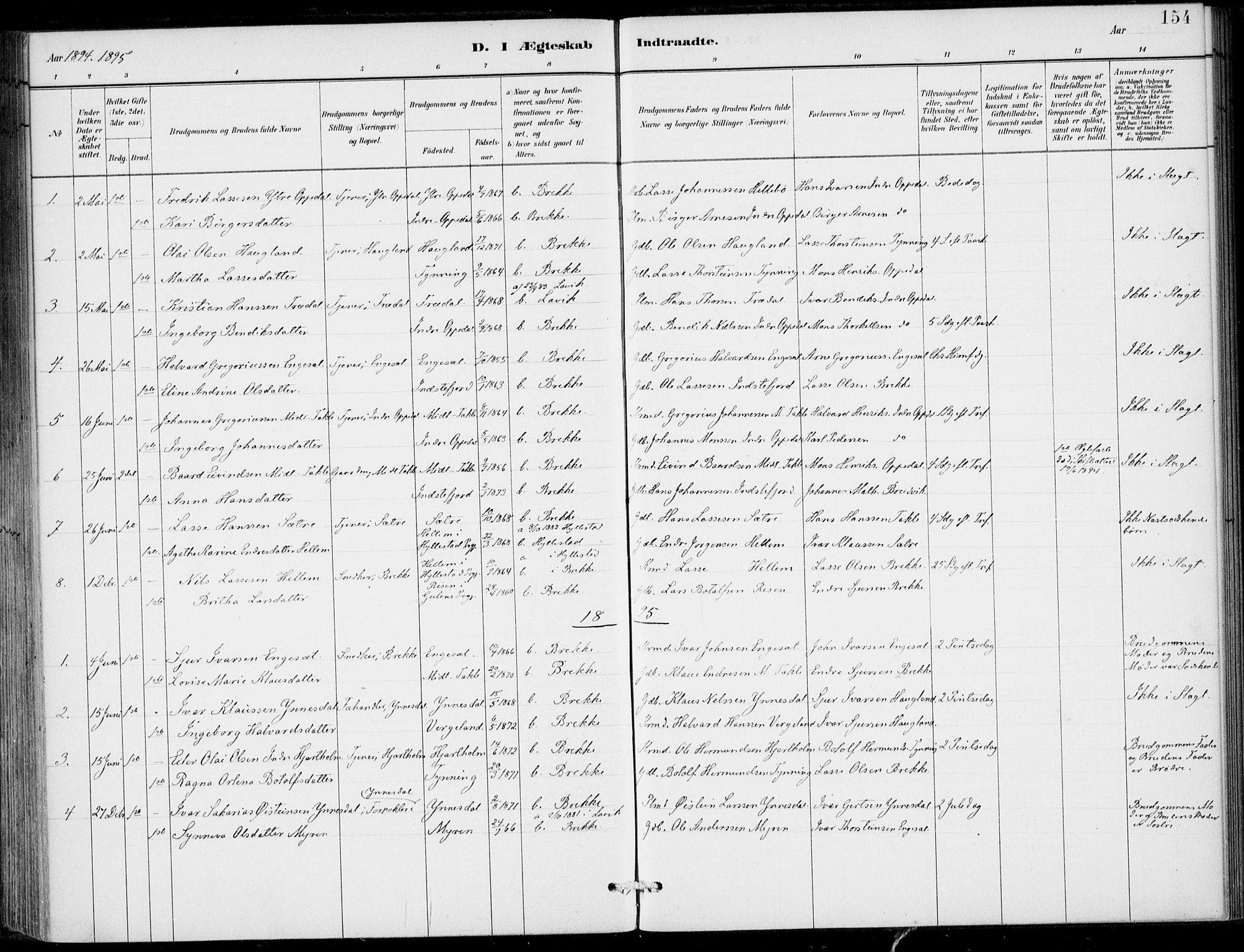 Gulen sokneprestembete, SAB/A-80201/H/Haa/Haac/L0002: Parish register (official) no. C  2, 1882-1914, p. 154