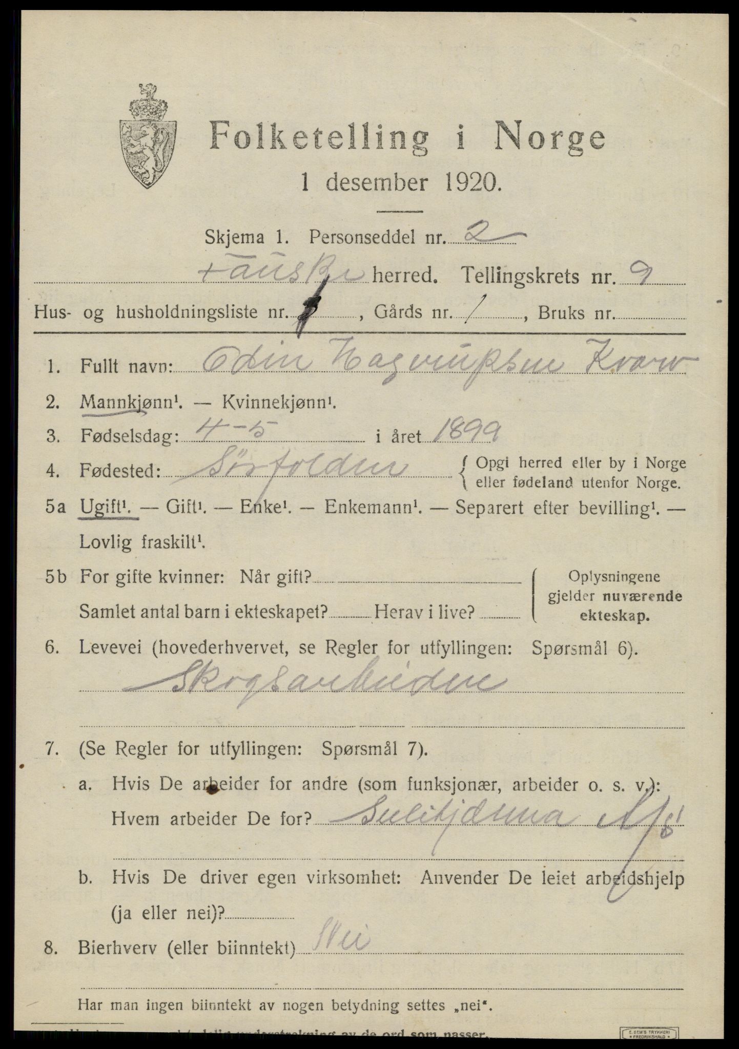 SAT, 1920 census for Fauske, 1920, p. 7018