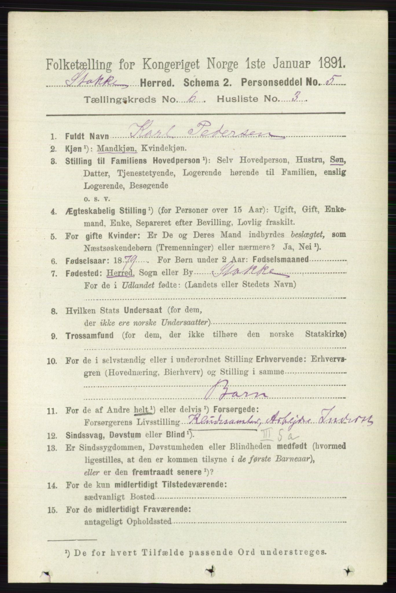 RA, 1891 census for 0720 Stokke, 1891, p. 3807