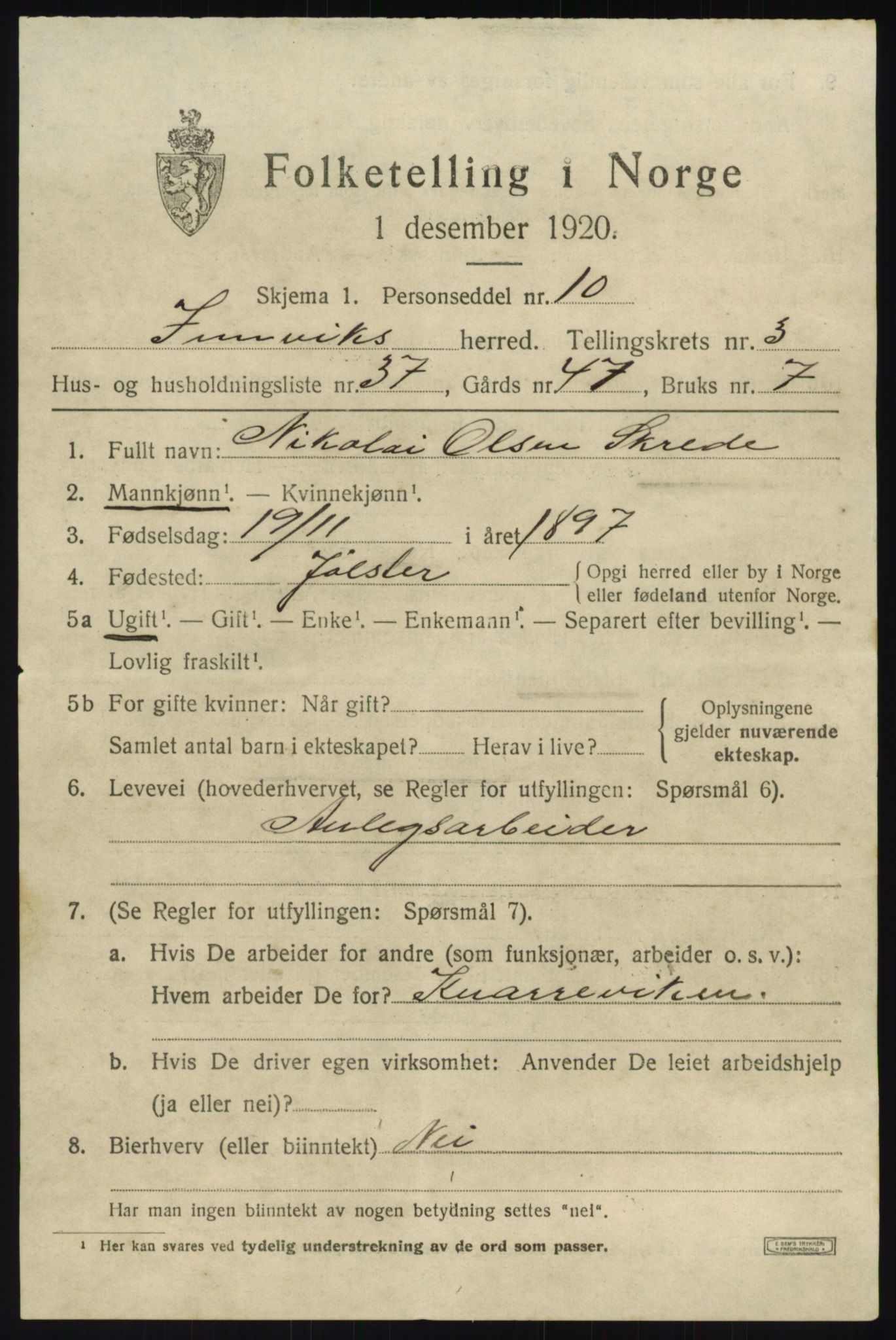 SAB, 1920 census for Innvik, 1920, p. 2171