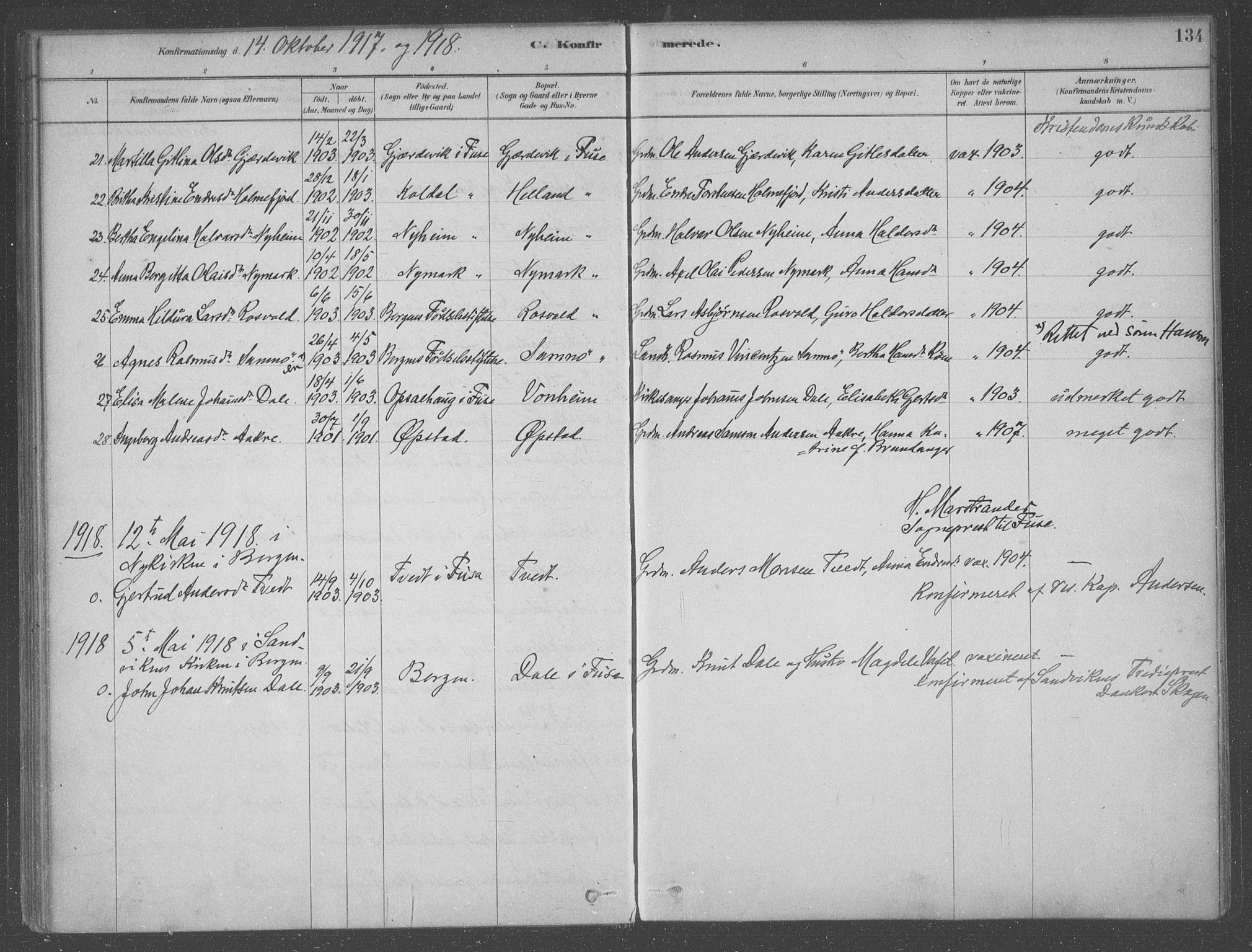 Fusa sokneprestembete, SAB/A-75401/H/Haa: Parish register (official) no. B 1, 1880-1938, p. 134