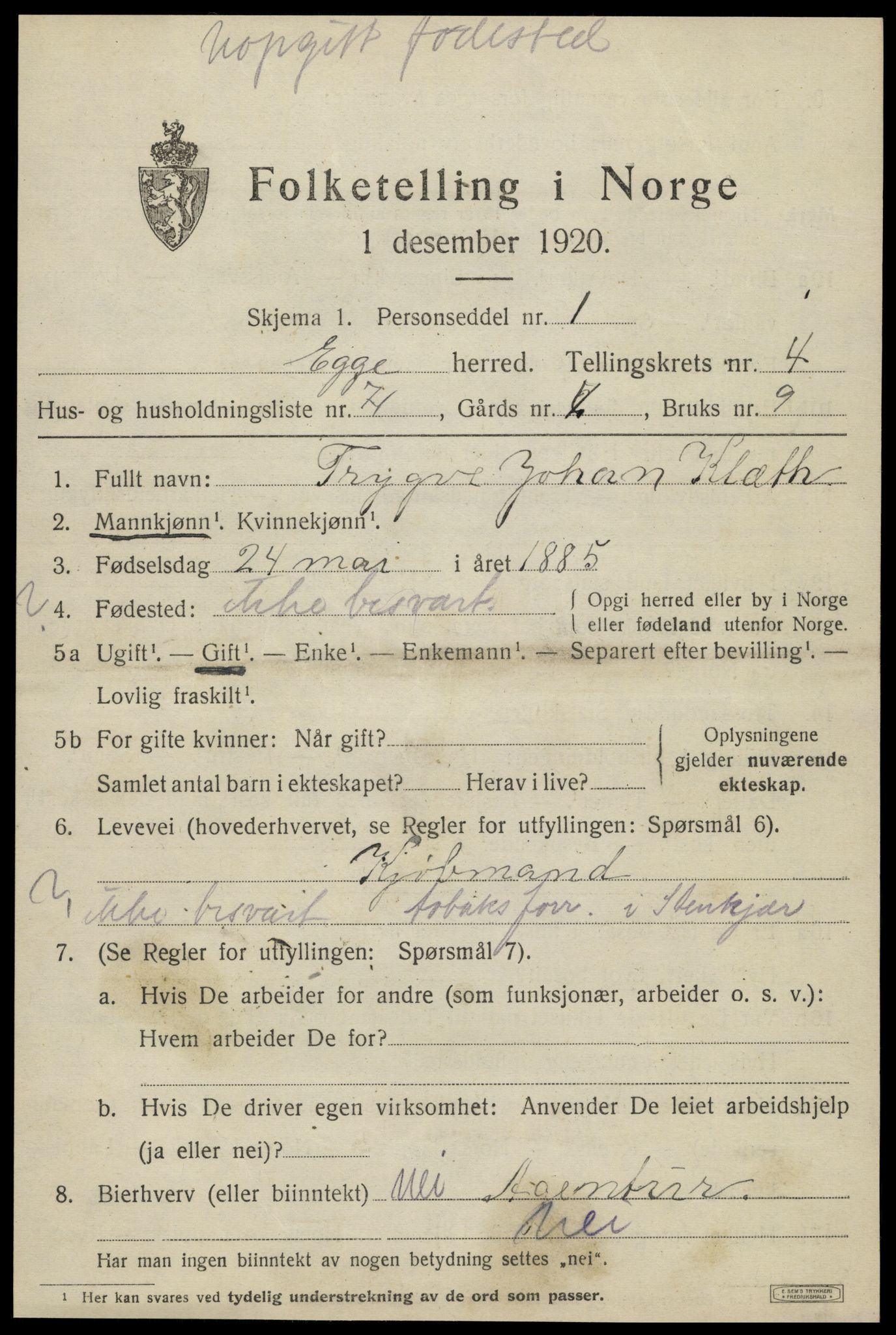 SAT, 1920 census for Egge, 1920, p. 3332