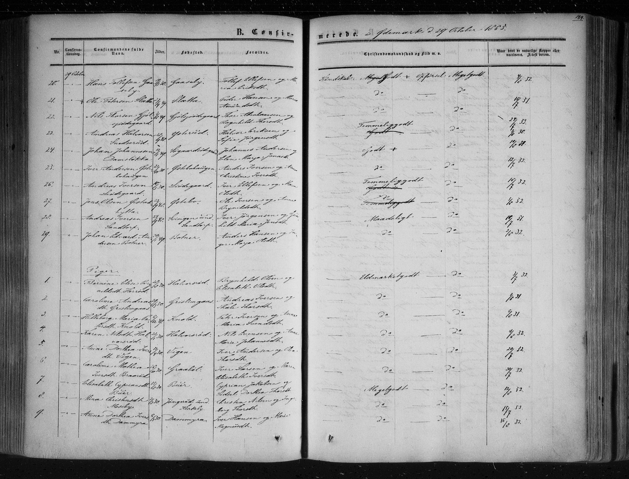 Aremark prestekontor Kirkebøker, AV/SAO-A-10899/F/Fc/L0003: Parish register (official) no. III 3, 1850-1865, p. 189