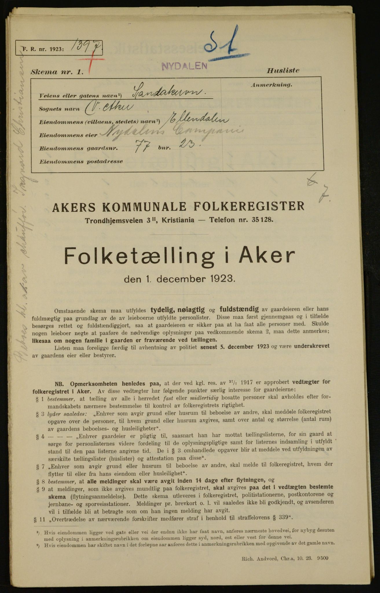 , Municipal Census 1923 for Aker, 1923, p. 16490