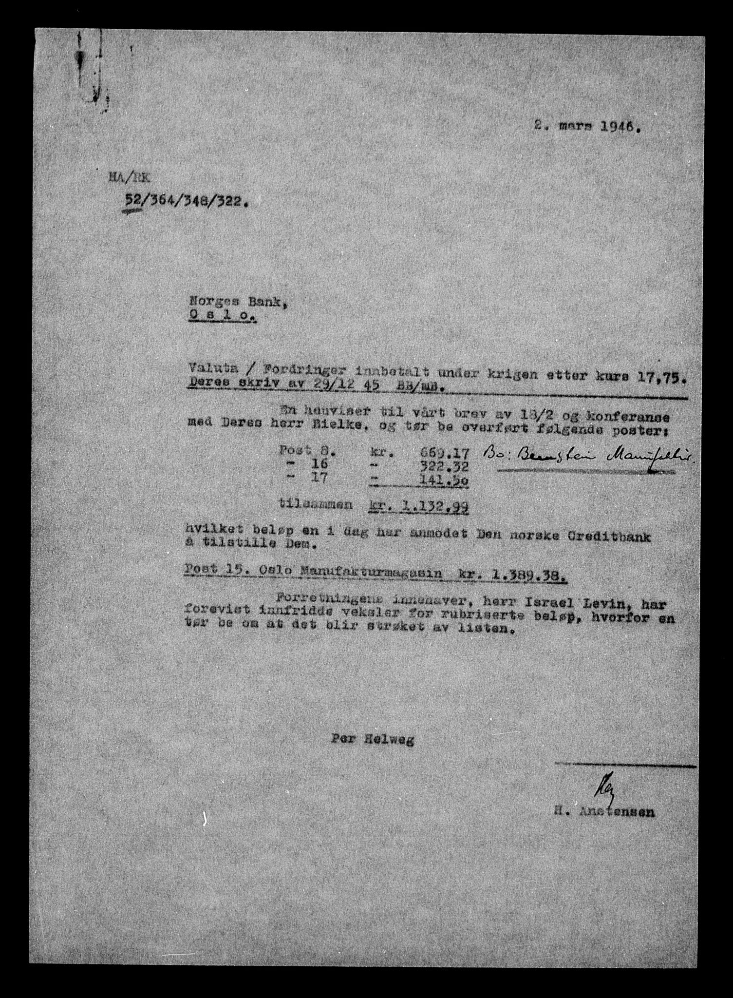 Justisdepartementet, Tilbakeføringskontoret for inndratte formuer, AV/RA-S-1564/H/Hc/Hcc/L0924: --, 1945-1947, p. 46