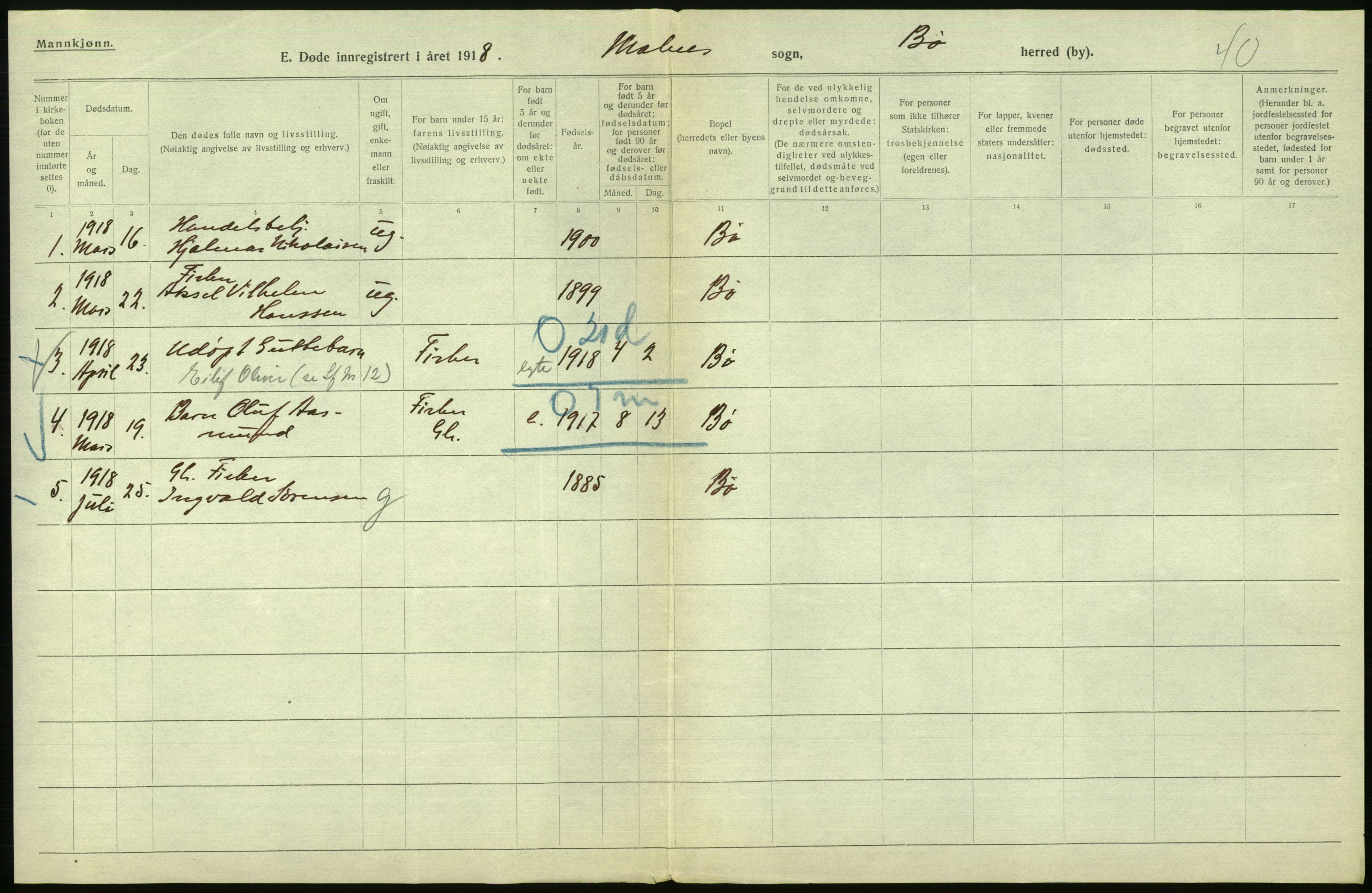 Statistisk sentralbyrå, Sosiodemografiske emner, Befolkning, AV/RA-S-2228/D/Df/Dfb/Dfbh/L0055: Nordland fylke: Døde. Bygder og byer., 1918, p. 464