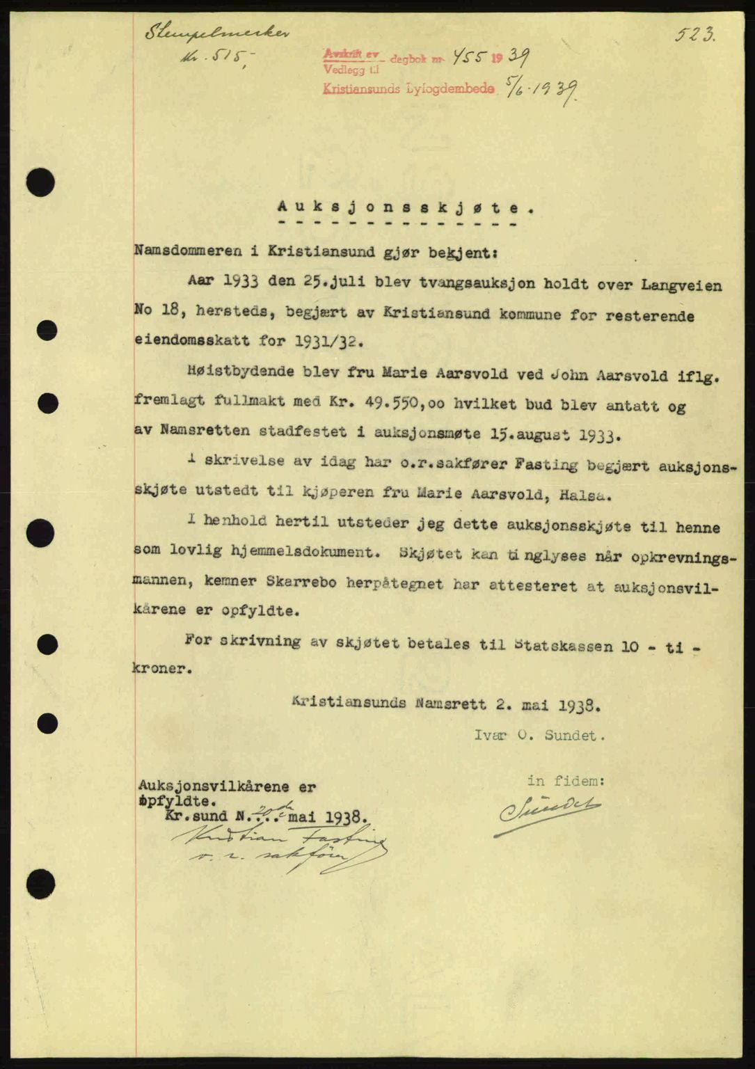 Kristiansund byfogd, AV/SAT-A-4587/A/27: Mortgage book no. 30, 1936-1941, Diary no: : 455/1939