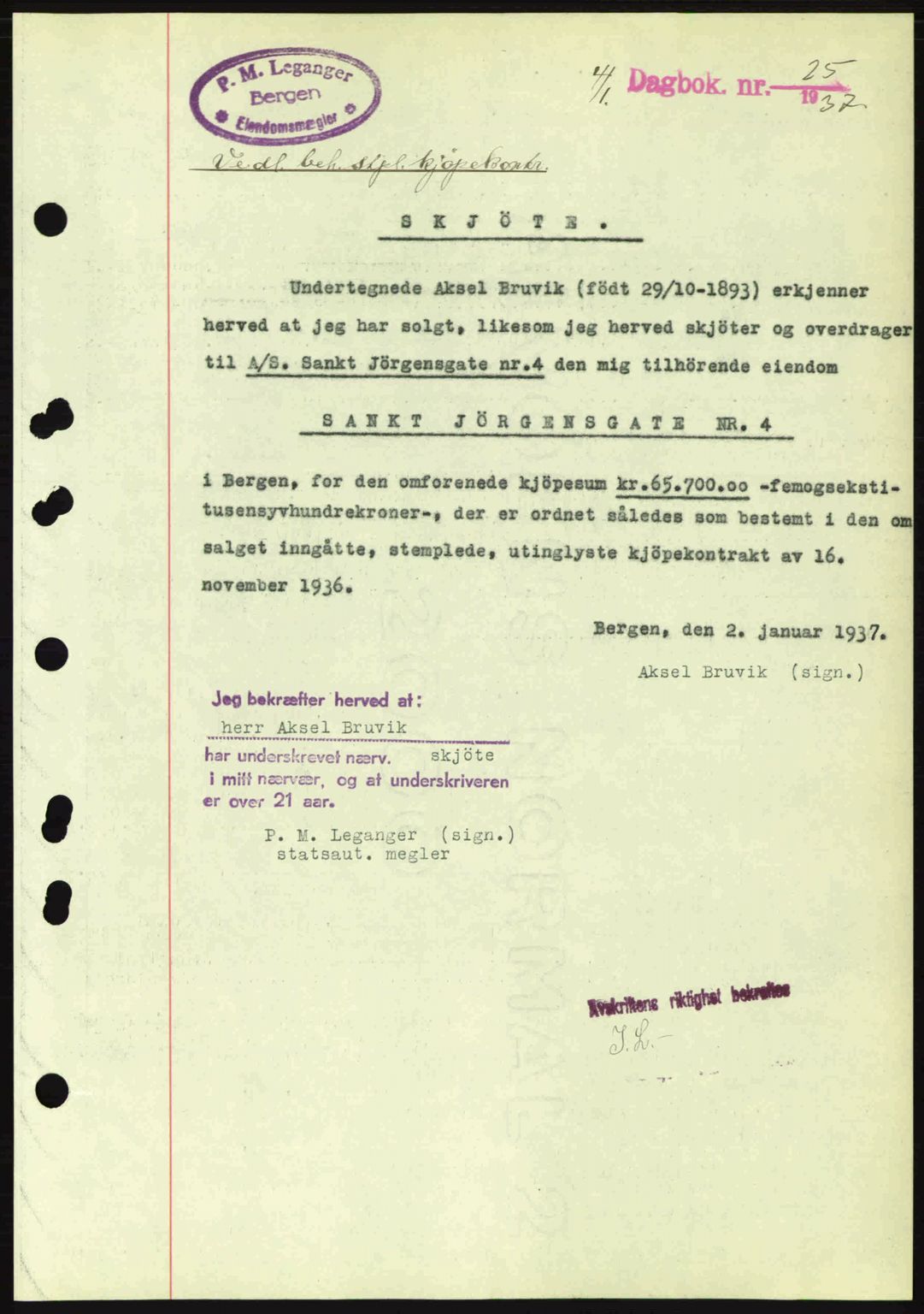 Byfogd og Byskriver i Bergen, SAB/A-3401/03/03Bc/L0004: Mortgage book no. A3-4, 1936-1937, Diary no: : 25/1937