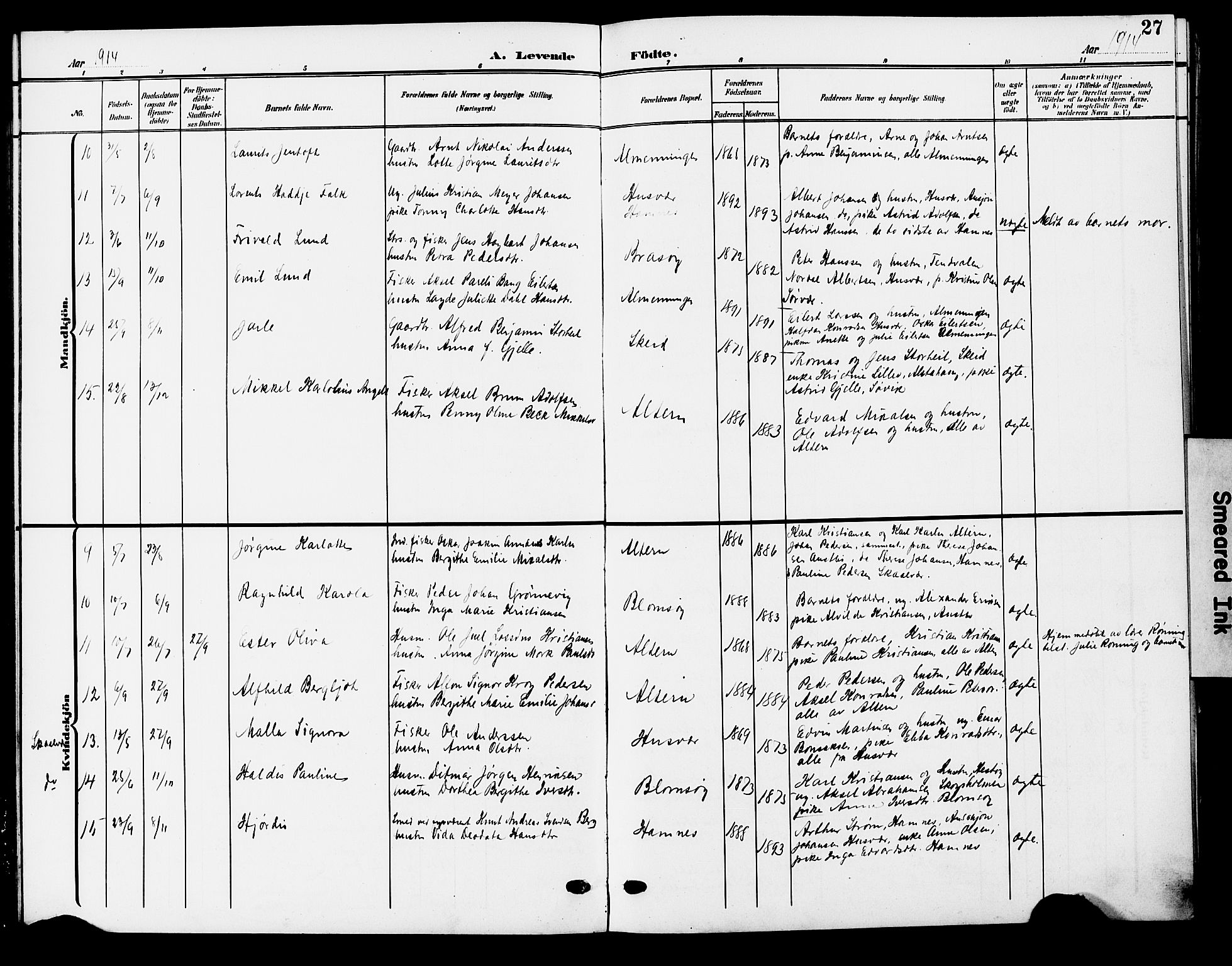 Ministerialprotokoller, klokkerbøker og fødselsregistre - Nordland, AV/SAT-A-1459/830/L0464: Parish register (copy) no. 830C06, 1906-1925, p. 27