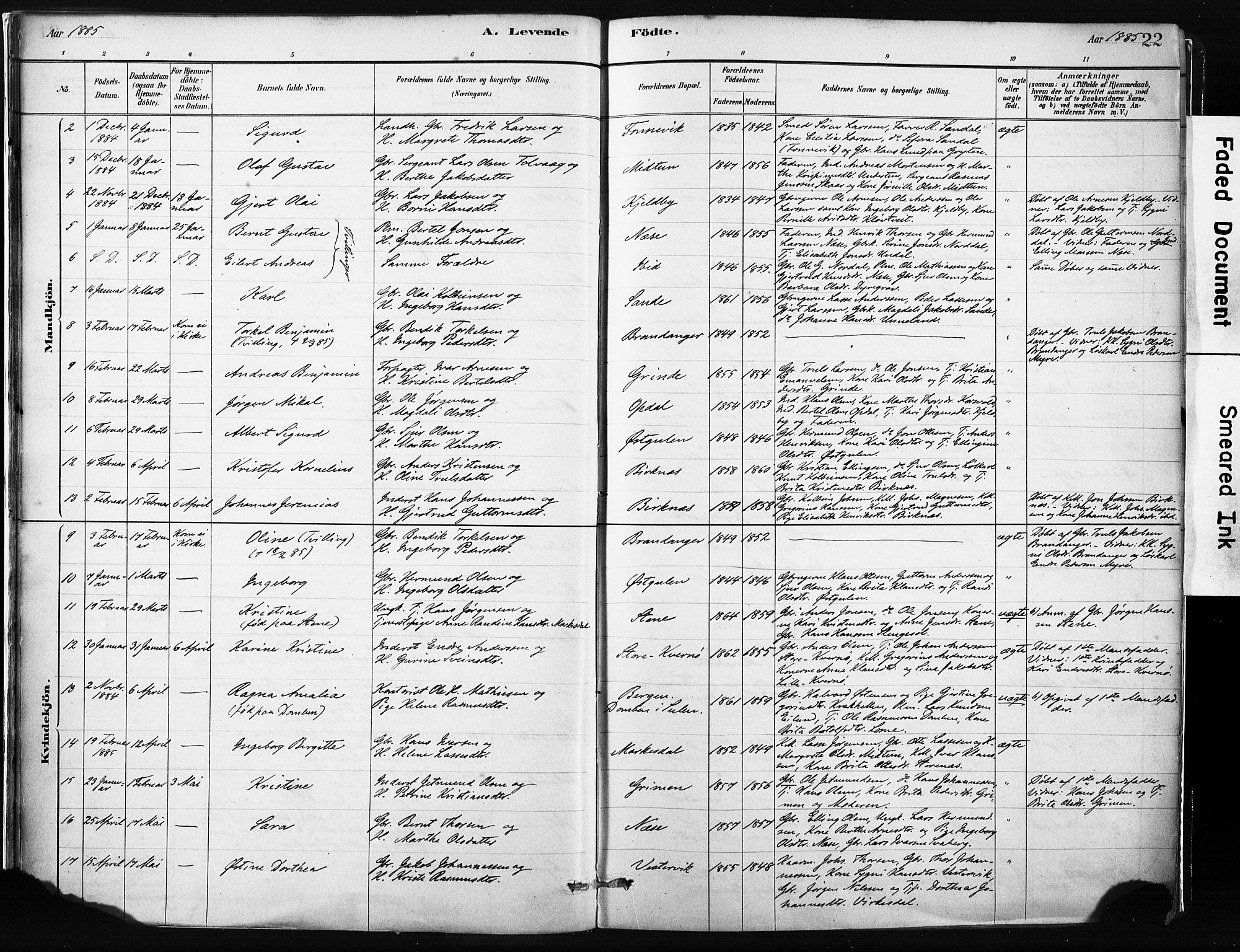 Gulen sokneprestembete, AV/SAB-A-80201/H/Haa/Haab/L0001: Parish register (official) no. B 1, 1881-1905, p. 22