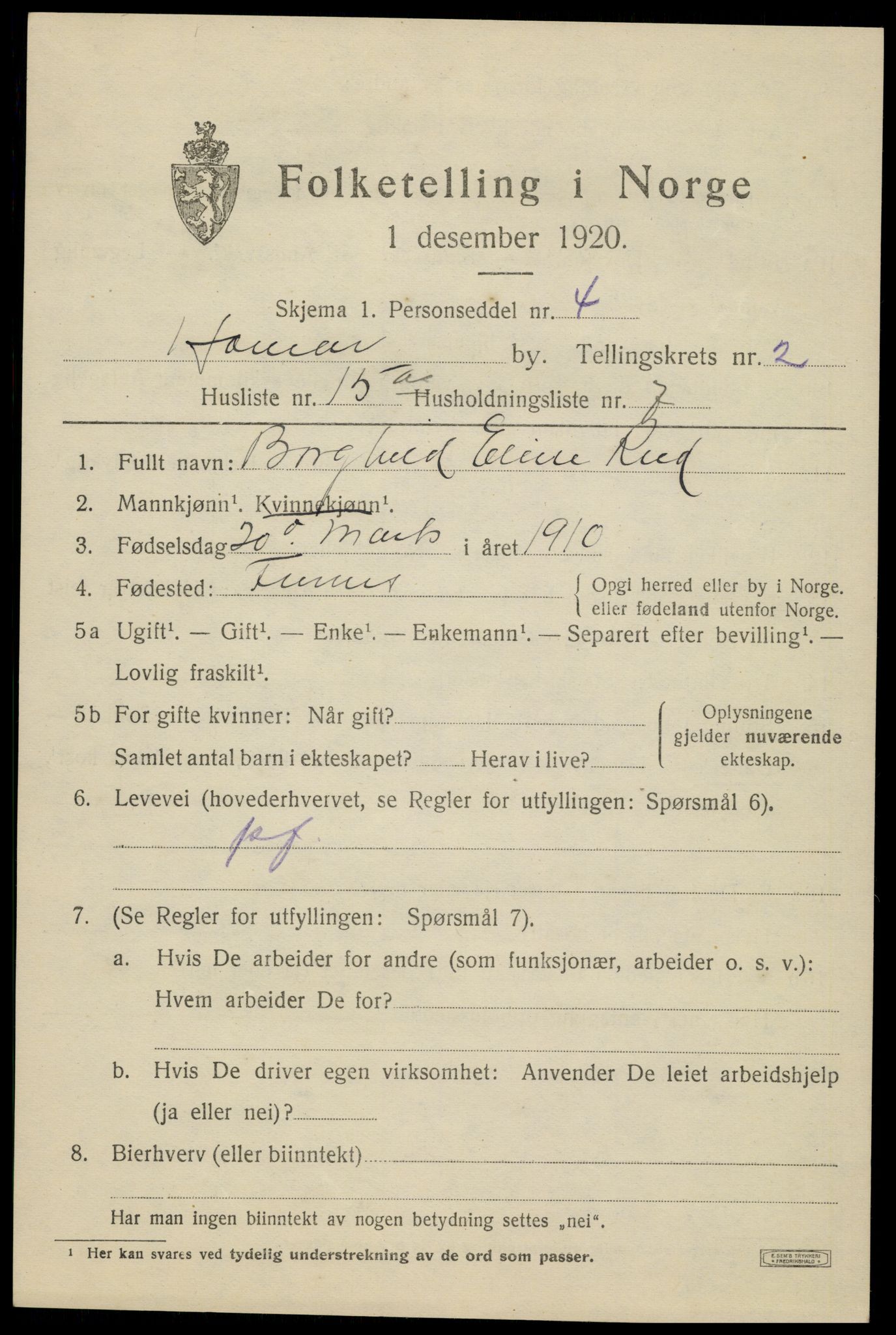 SAH, 1920 census for Hamar, 1920, p. 6265