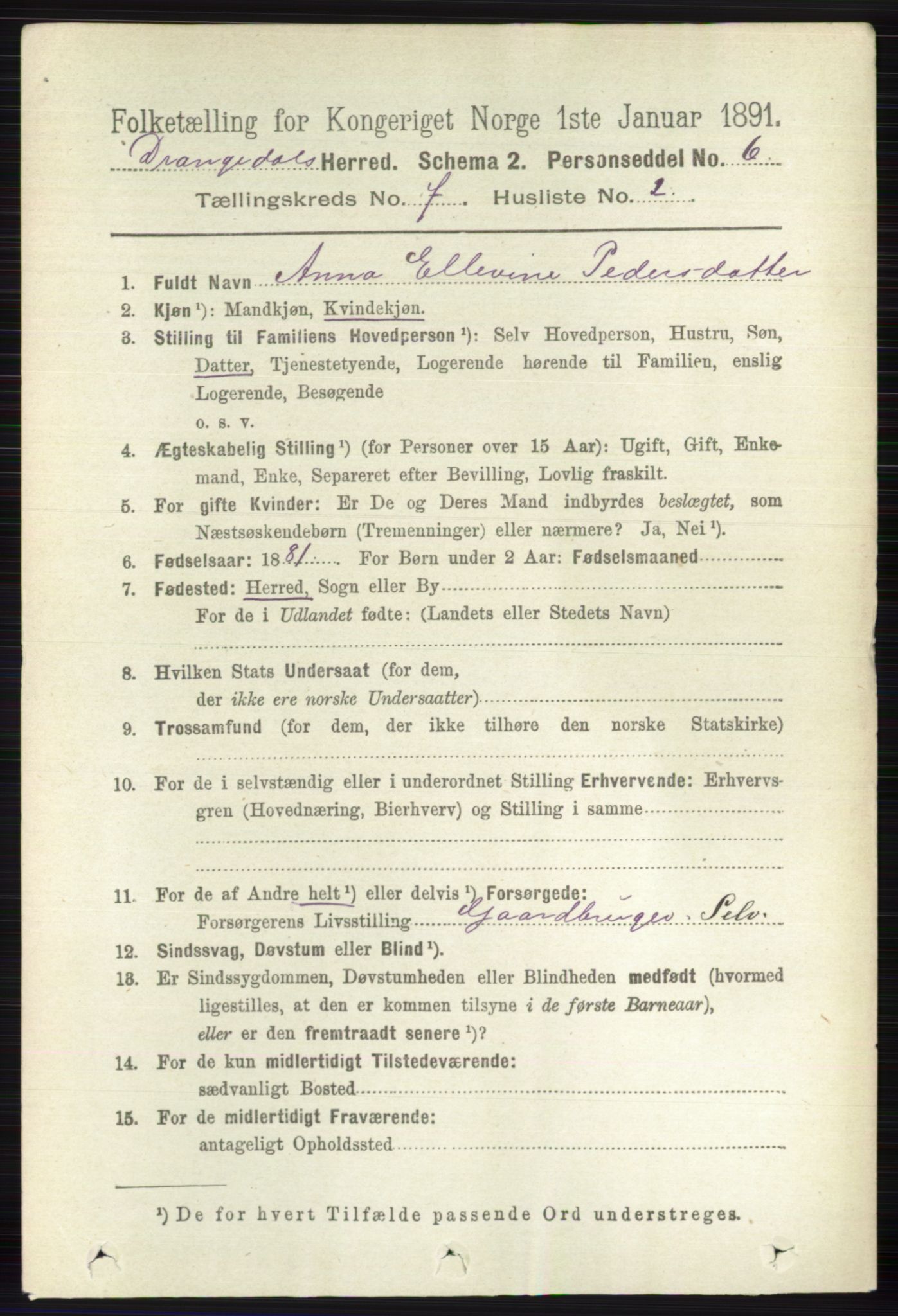 RA, 1891 census for 0817 Drangedal, 1891, p. 2412