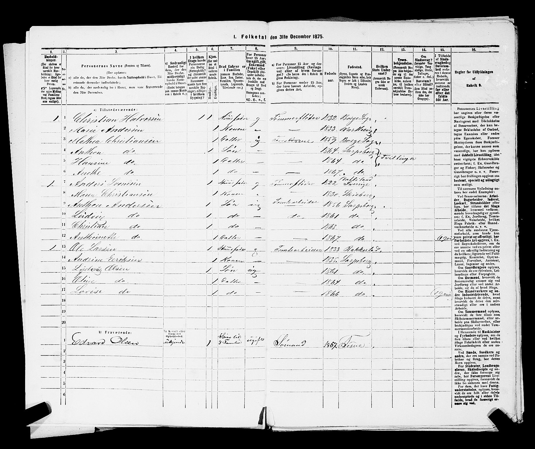 RA, 1875 census for 0102P Sarpsborg, 1875, p. 140