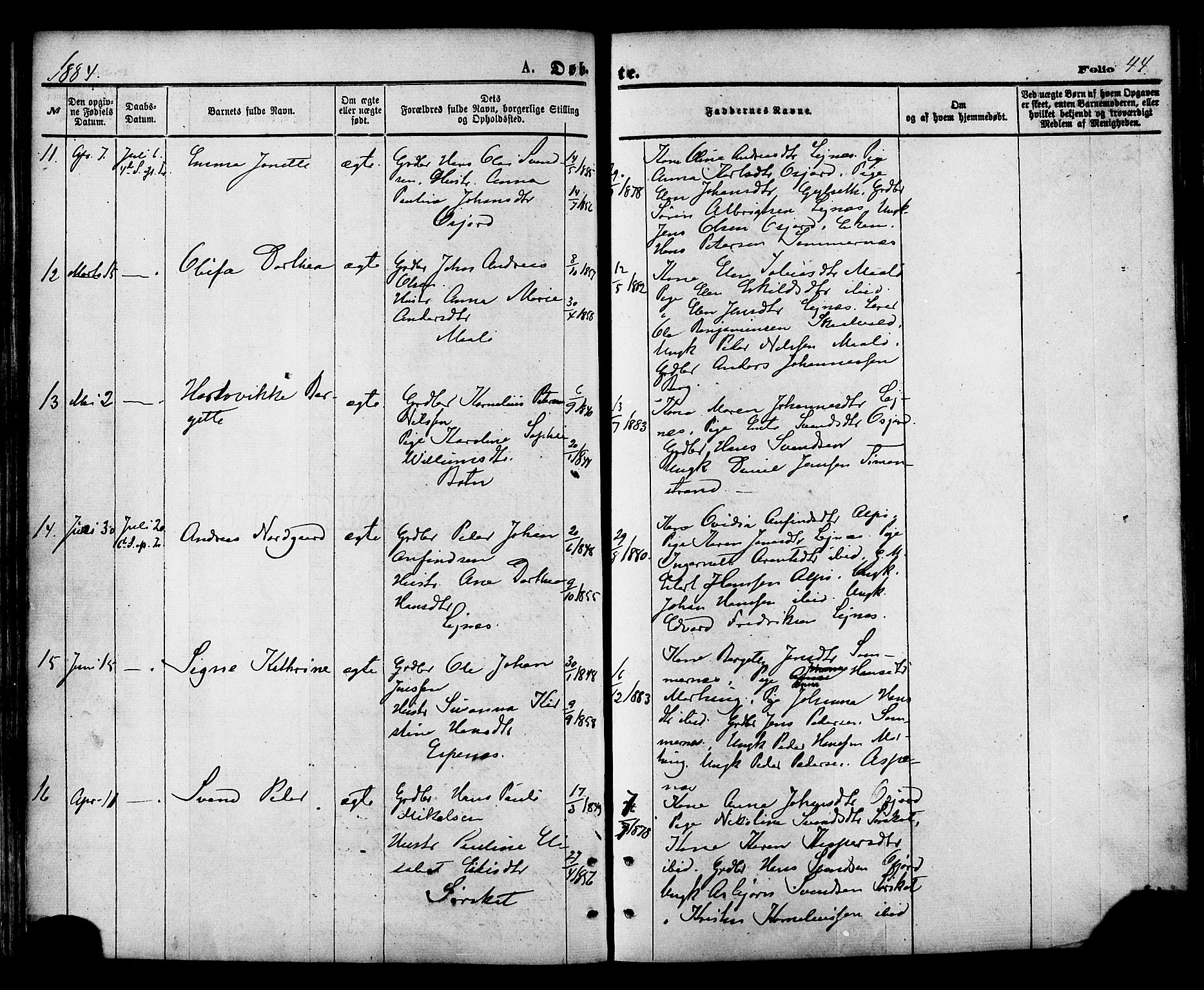 Ministerialprotokoller, klokkerbøker og fødselsregistre - Nordland, AV/SAT-A-1459/857/L0821: Parish register (official) no. 857A01, 1875-1889, p. 44