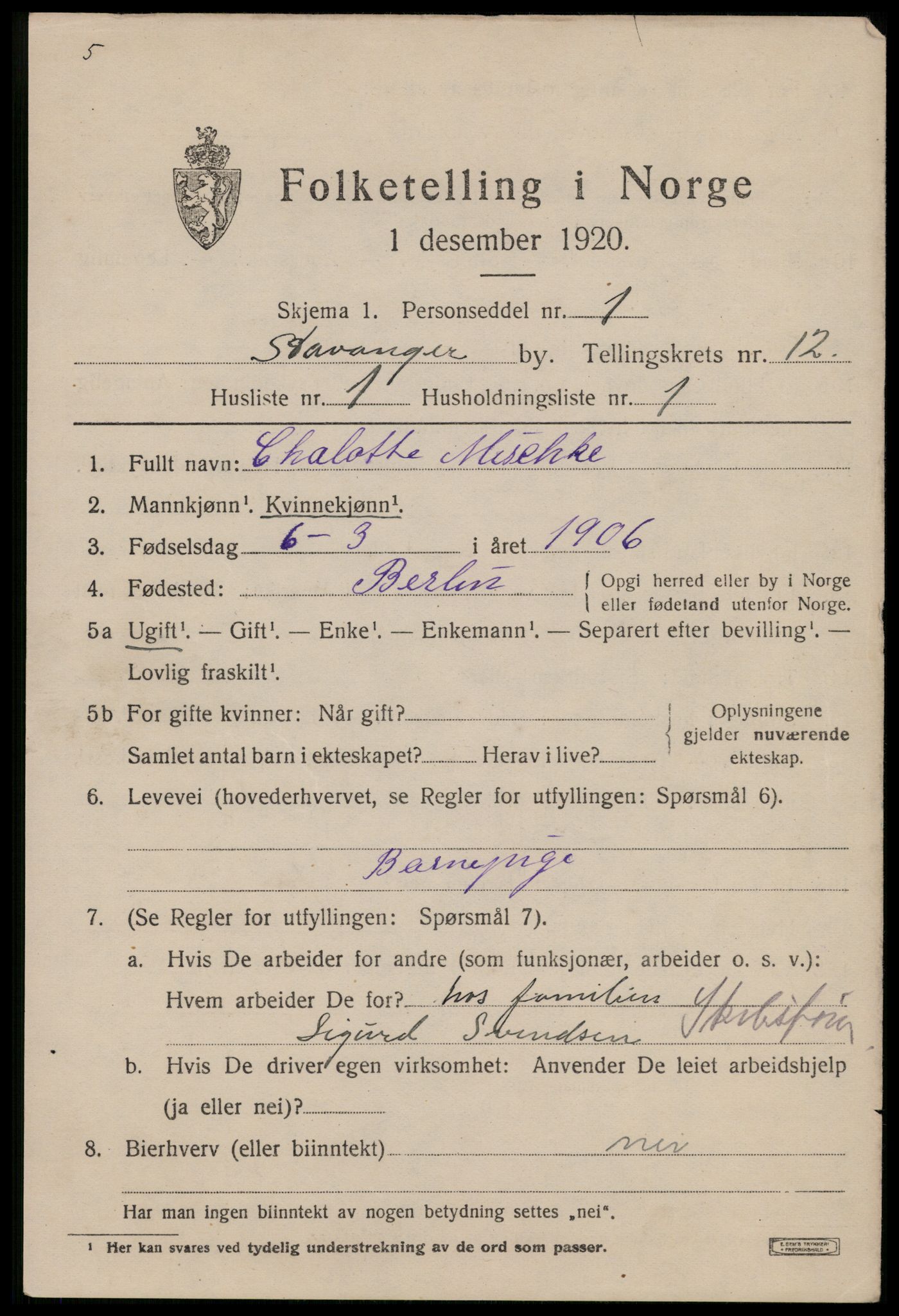 SAST, 1920 census for Stavanger, 1920, p. 56066