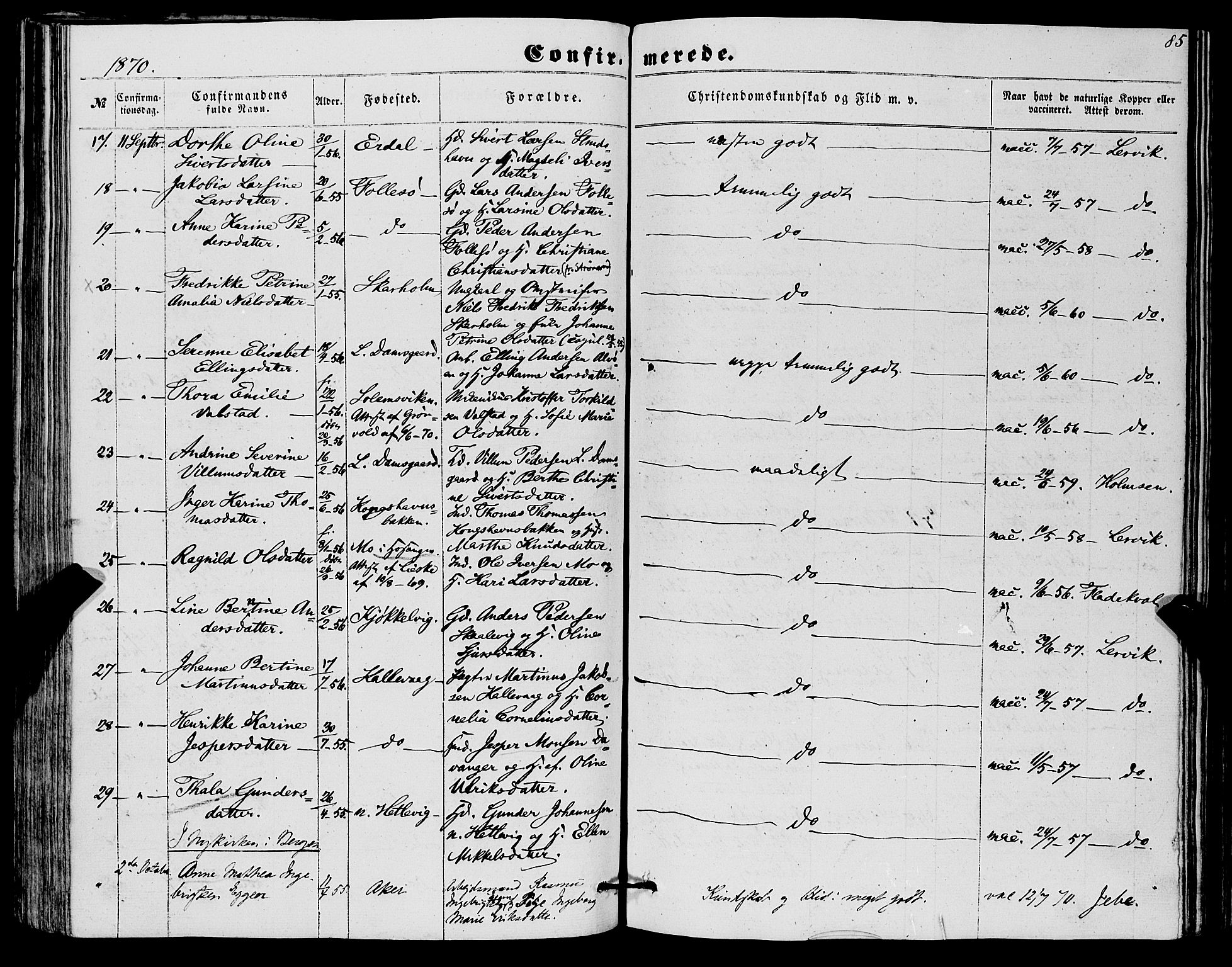 Askøy Sokneprestembete, SAB/A-74101/H/Ha/Haa/Haaa/L0012: Parish register (official) no. A 12, 1855-1877, p. 85