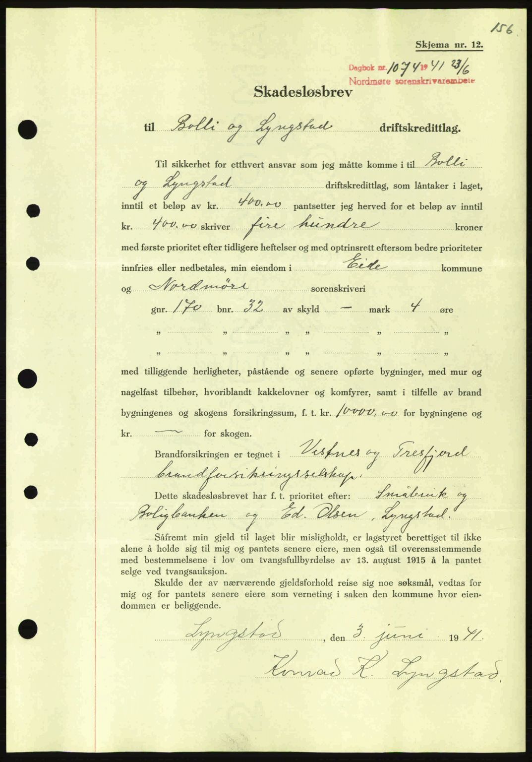 Nordmøre sorenskriveri, AV/SAT-A-4132/1/2/2Ca: Mortgage book no. B88, 1941-1942, Diary no: : 1074/1941