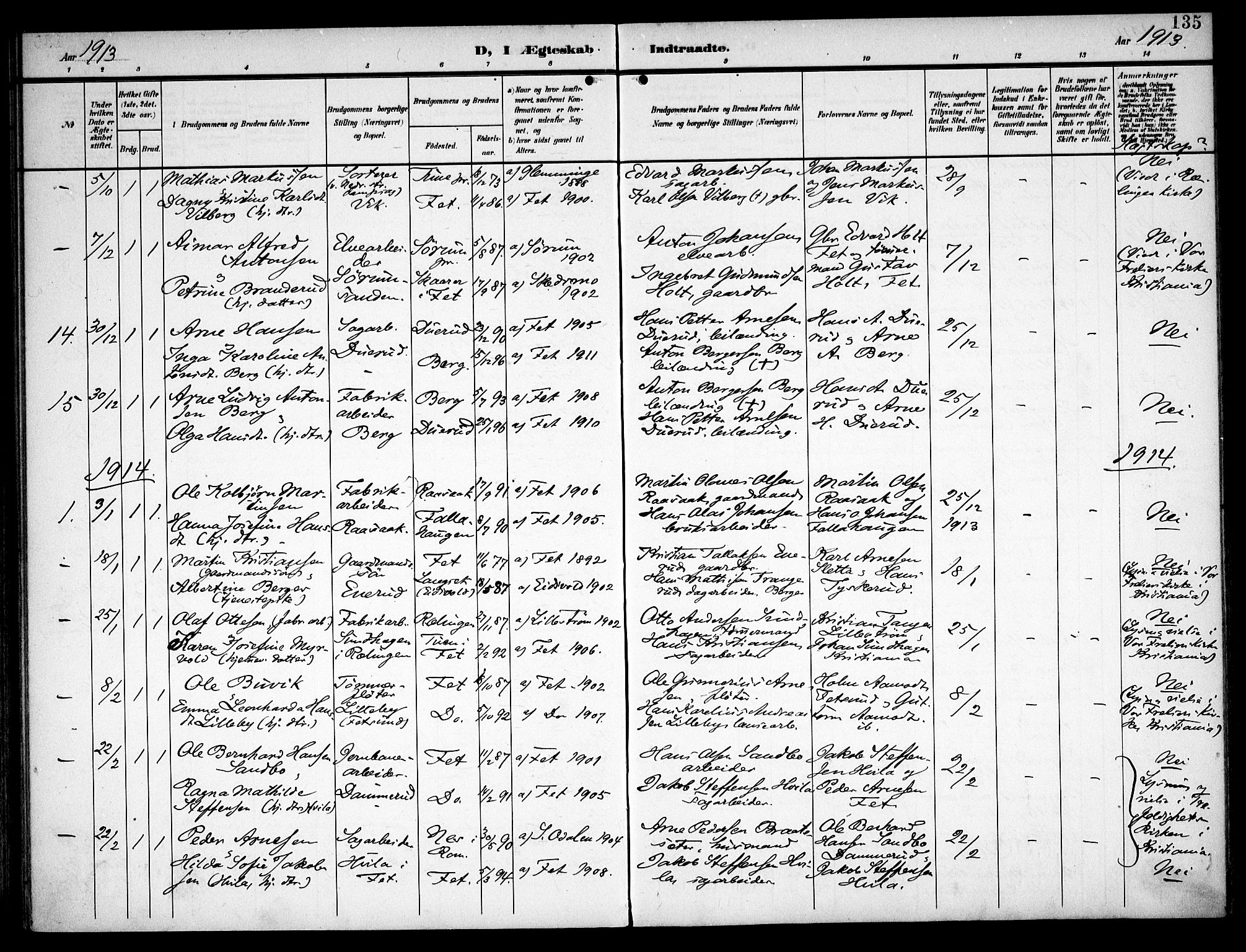 Fet prestekontor Kirkebøker, SAO/A-10370a/F/Fa/L0016: Parish register (official) no. I 16, 1905-1914, p. 135