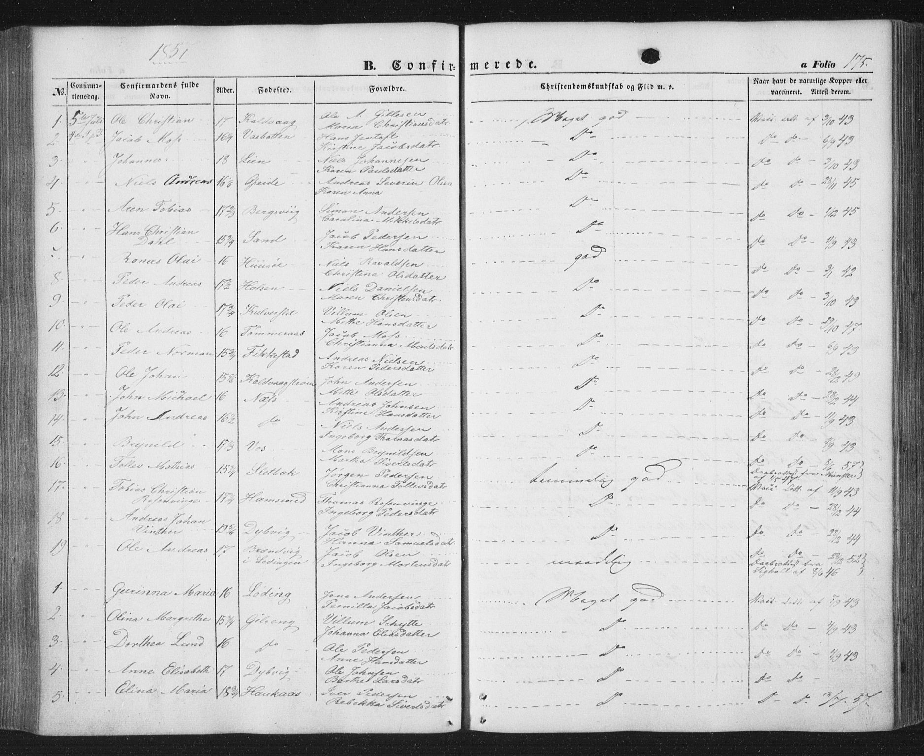 Ministerialprotokoller, klokkerbøker og fødselsregistre - Nordland, AV/SAT-A-1459/859/L0844: Parish register (official) no. 859A04, 1849-1862, p. 175