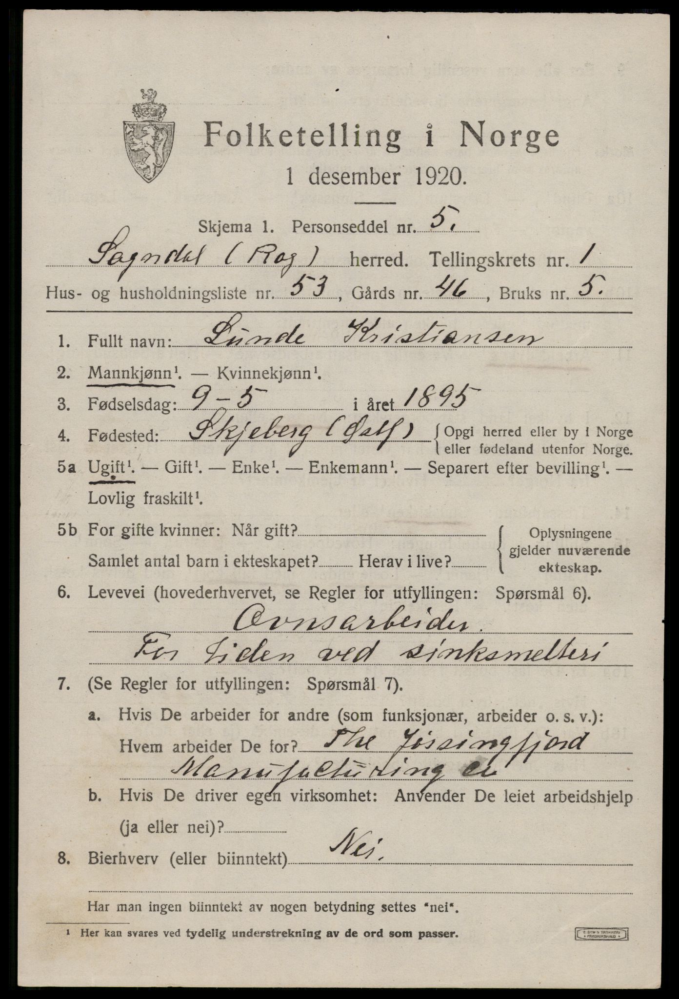 SAST, 1920 census for Sokndal, 1920, p. 1695