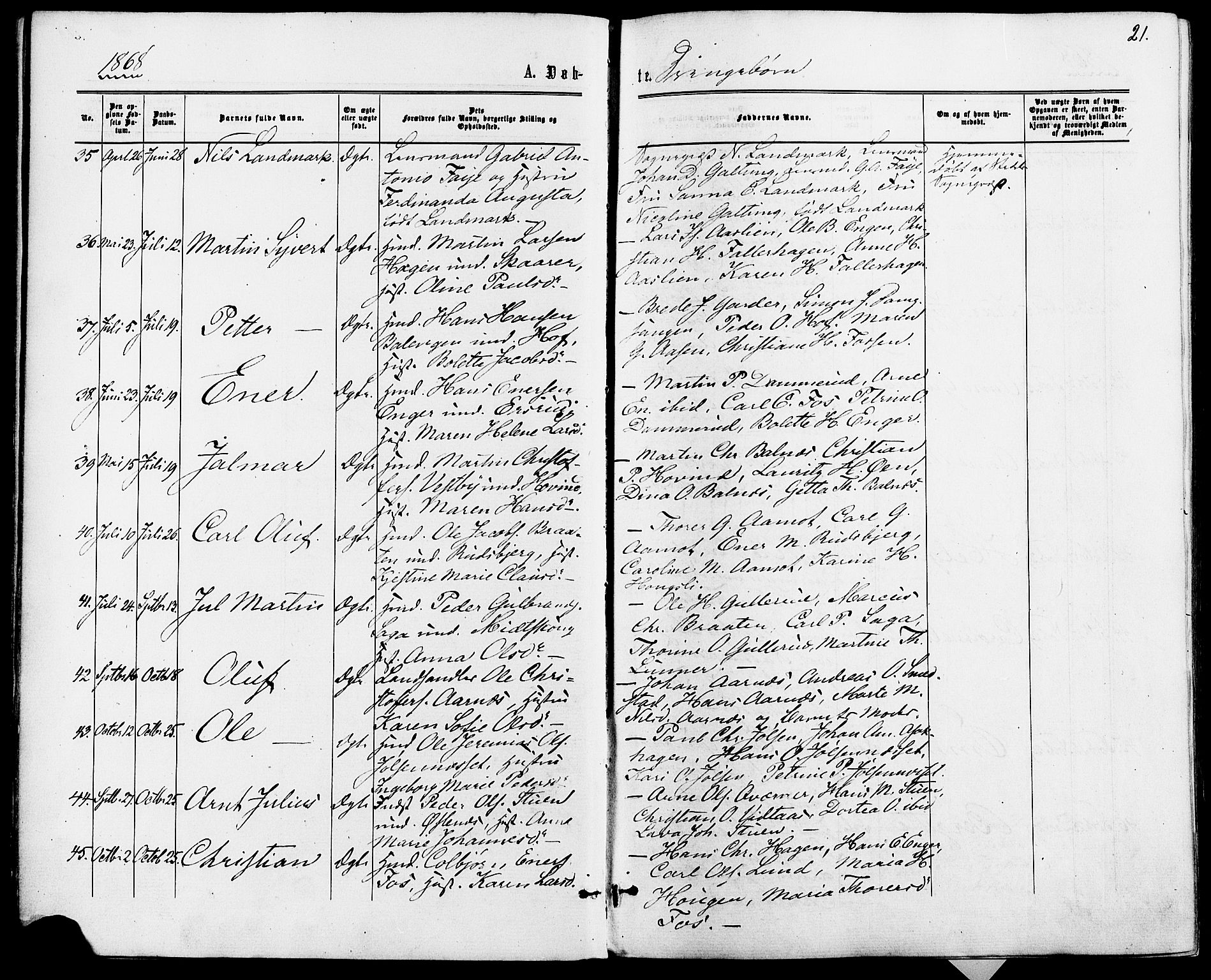 Fet prestekontor Kirkebøker, AV/SAO-A-10370a/F/Fa/L0013: Parish register (official) no. I 13, 1867-1877, p. 21