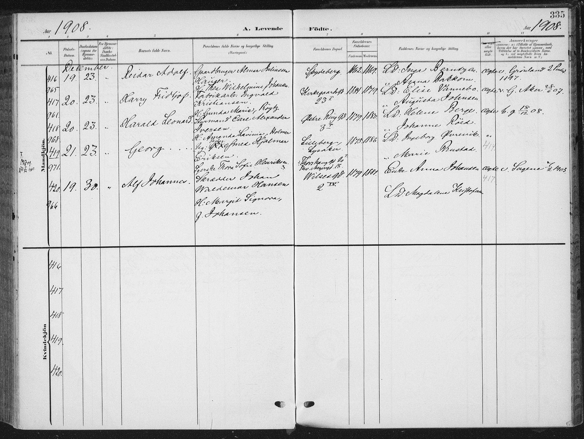 Rikshospitalet prestekontor Kirkebøker, AV/SAO-A-10309b/F/L0013: Parish register (official) no. 13, 1905-1908, p. 335