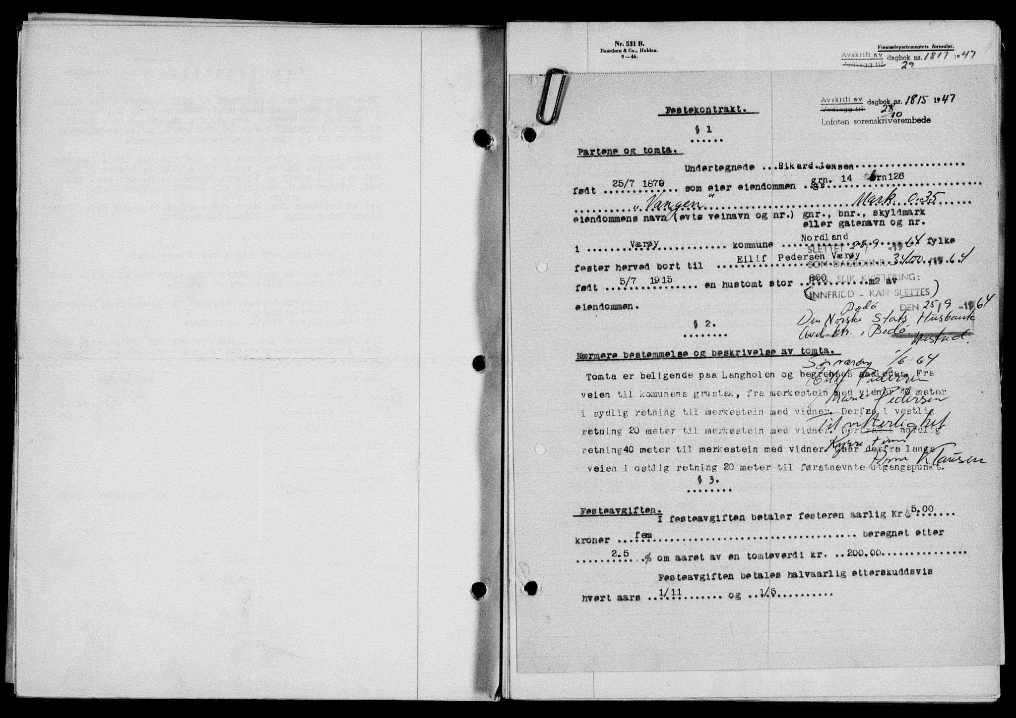 Lofoten sorenskriveri, SAT/A-0017/1/2/2C/L0017a: Mortgage book no. 17a, 1947-1948, Diary no: : 1815/1947