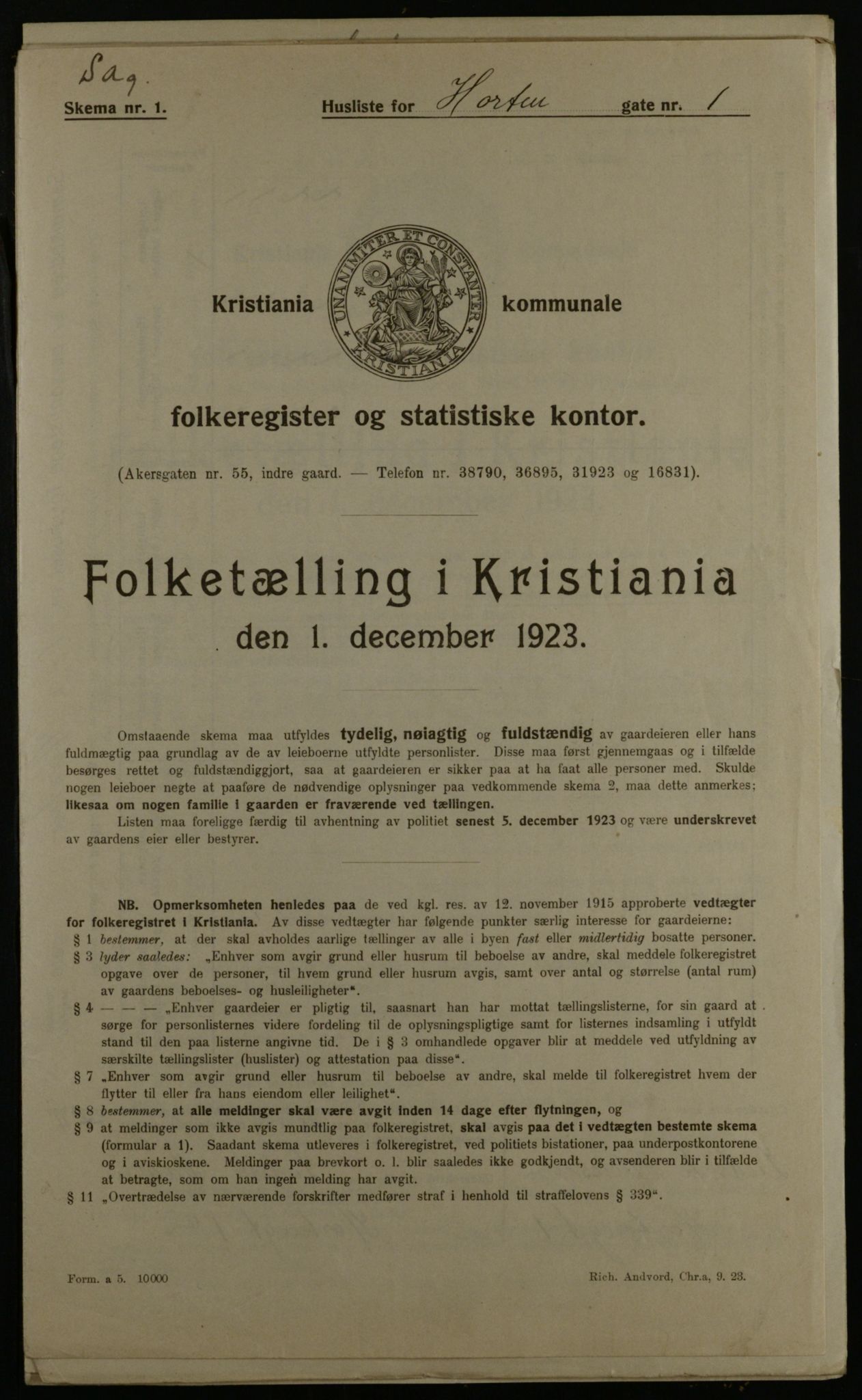 OBA, Municipal Census 1923 for Kristiania, 1923, p. 46245