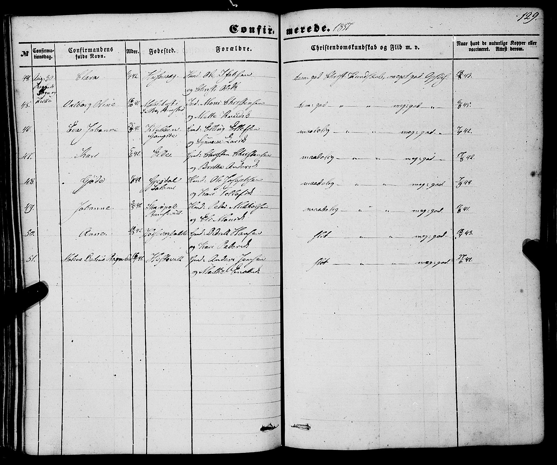 Davik sokneprestembete, AV/SAB-A-79701/H/Haa/Haaa/L0005: Parish register (official) no. A 5, 1850-1866, p. 129