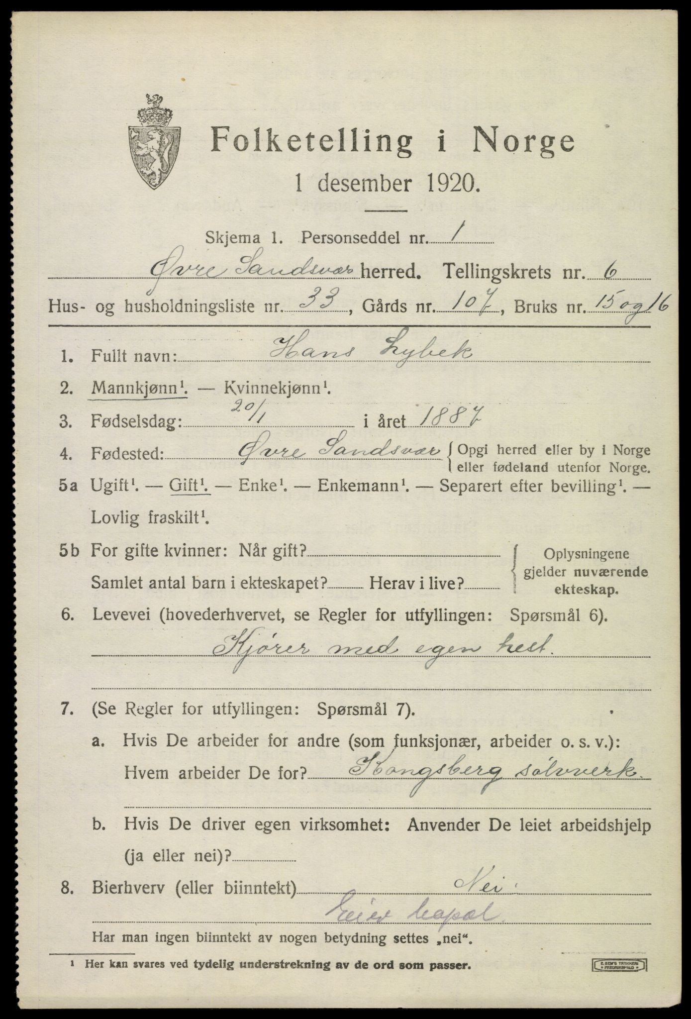 SAKO, 1920 census for Øvre Sandsvær, 1920, p. 3728